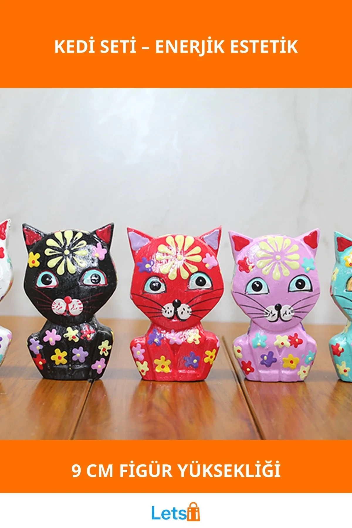 El Yapımı Renkli Ahşap Kedi Figürleri 5li Set