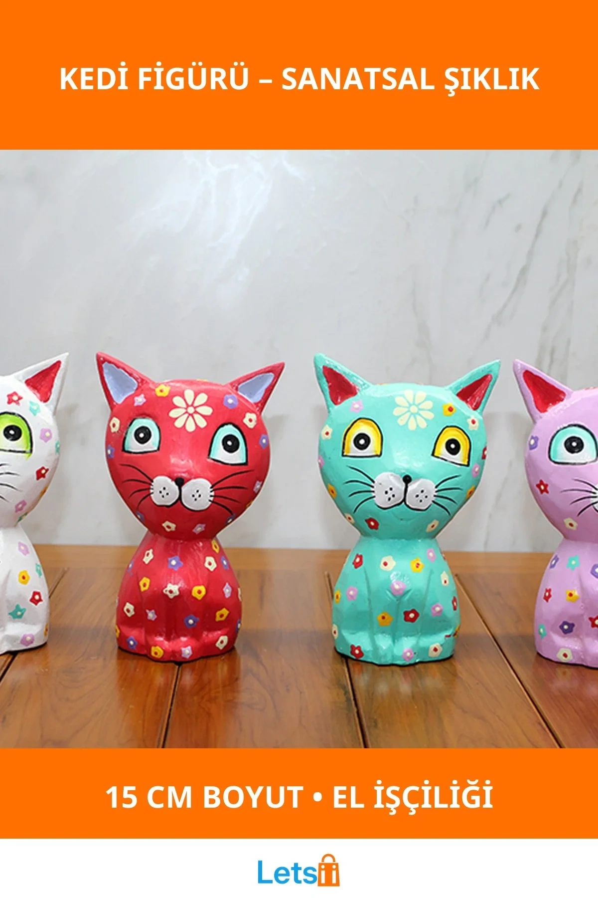 El Yapımı Renkli Ahşap Tekli Kedi Figürü 15 cm Dekoratif