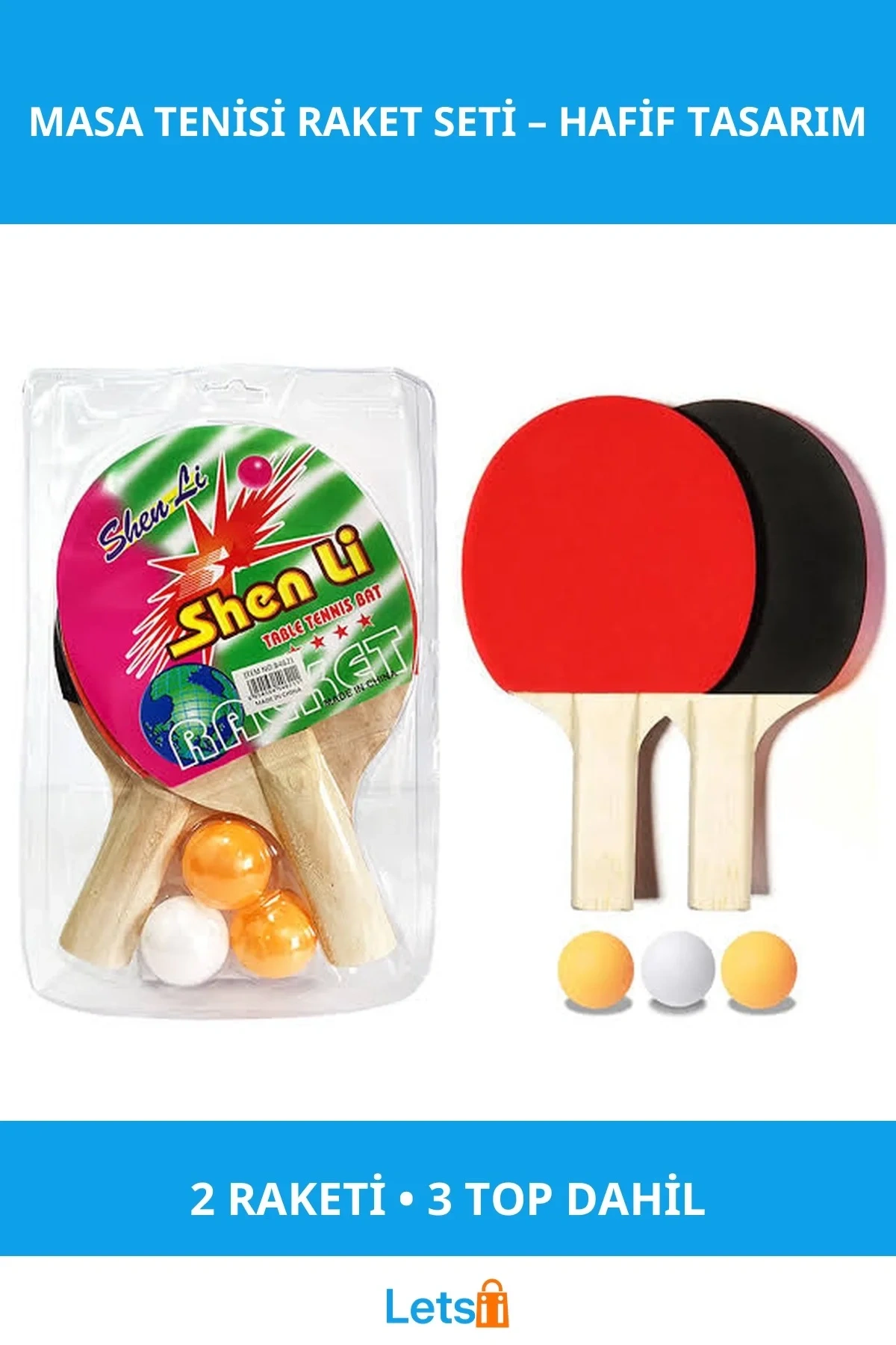 Ergonomik Hafif Dayanıklı 2 Adet Masa Tenisi Raket Seti + 3 Adet Pinpon Topu
