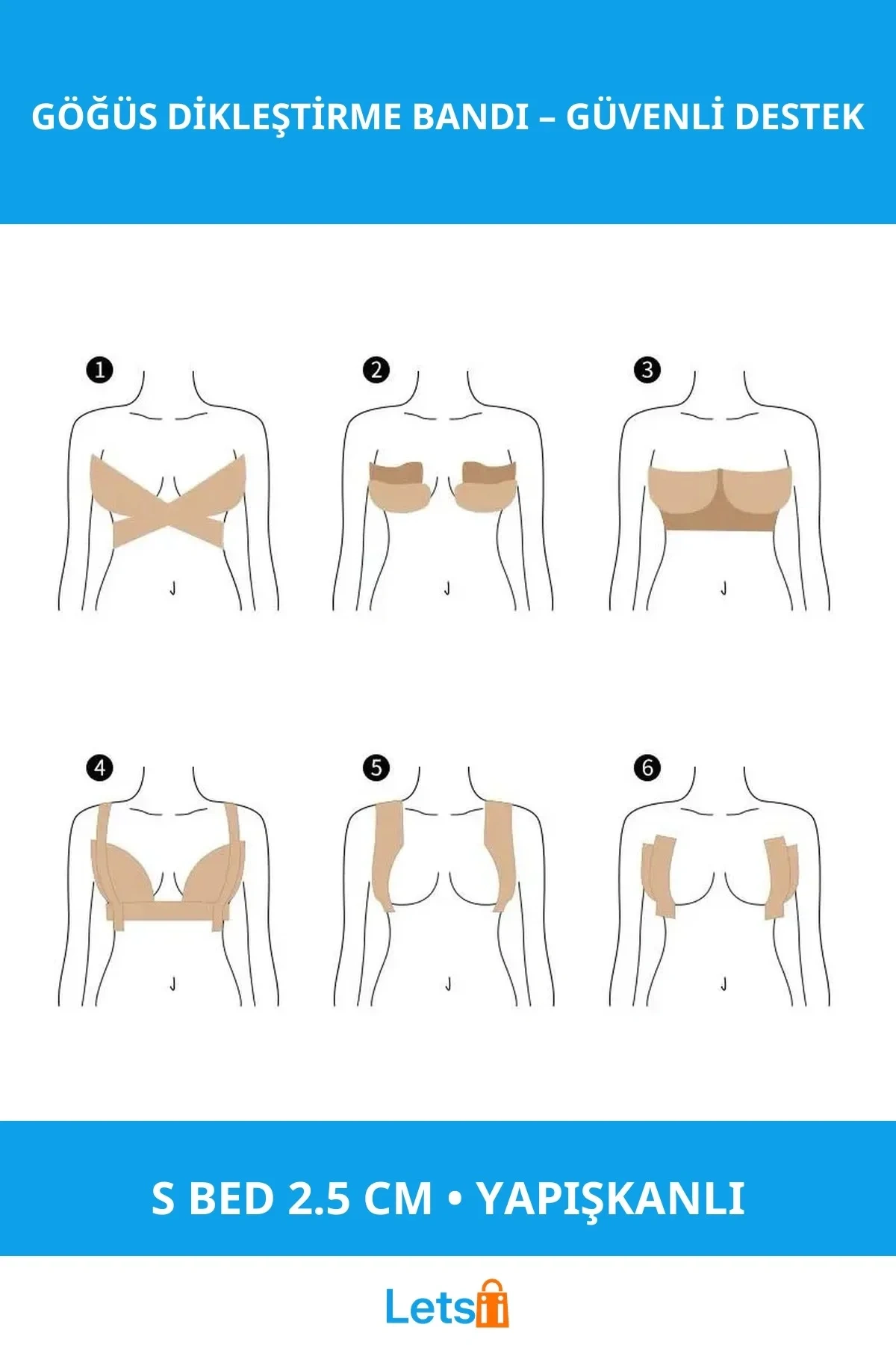Esnek Pamuklu Su Geçirmez Göğüs Dikleştirme Bandı S Beden 2.5 Cm 5m
