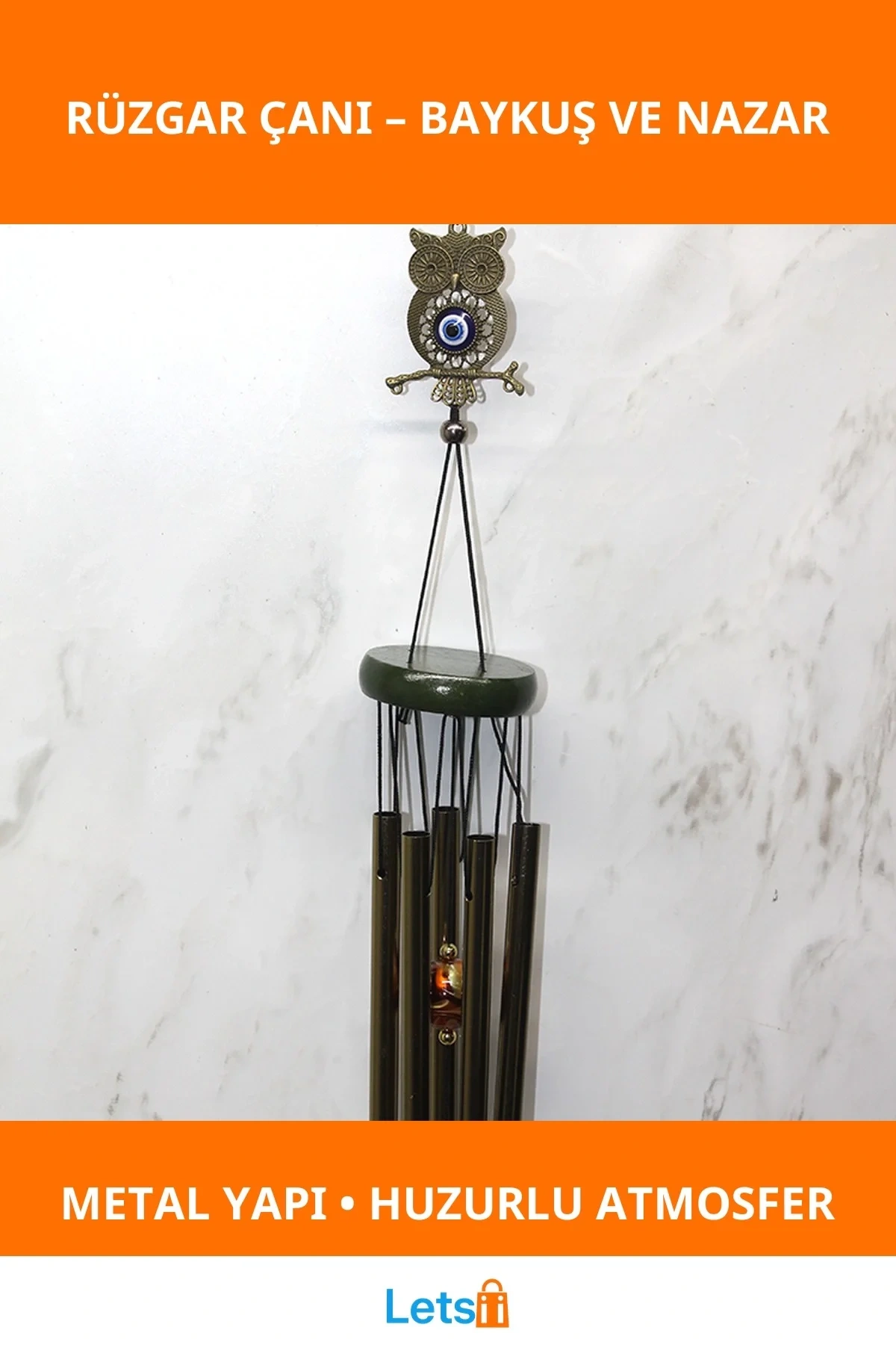 Estetik Metal Rüzgar Çanı Baykuş Figürlü ve Nazar Boncuğu Detaylı Dekoratif Huzur Objeleri