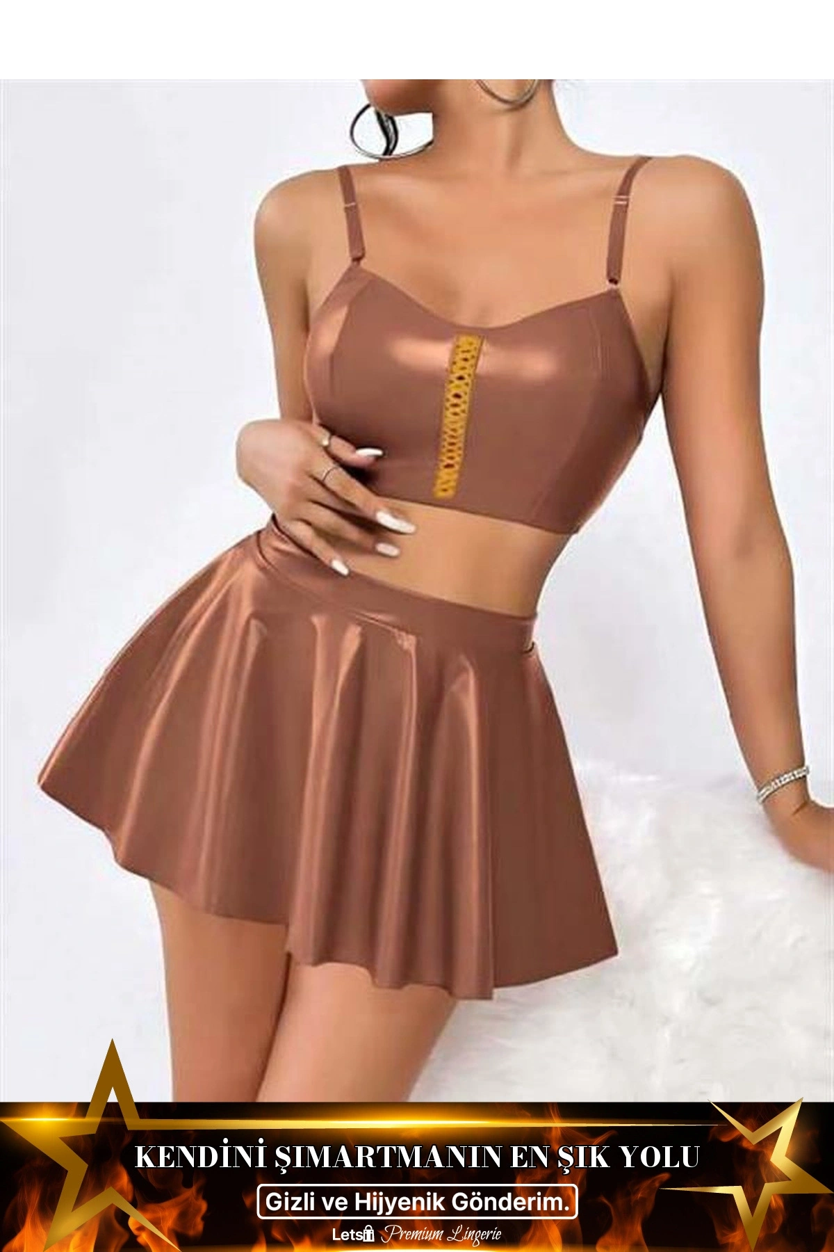 Etekli Fantezi Deri Elbise Kahverengi Renk