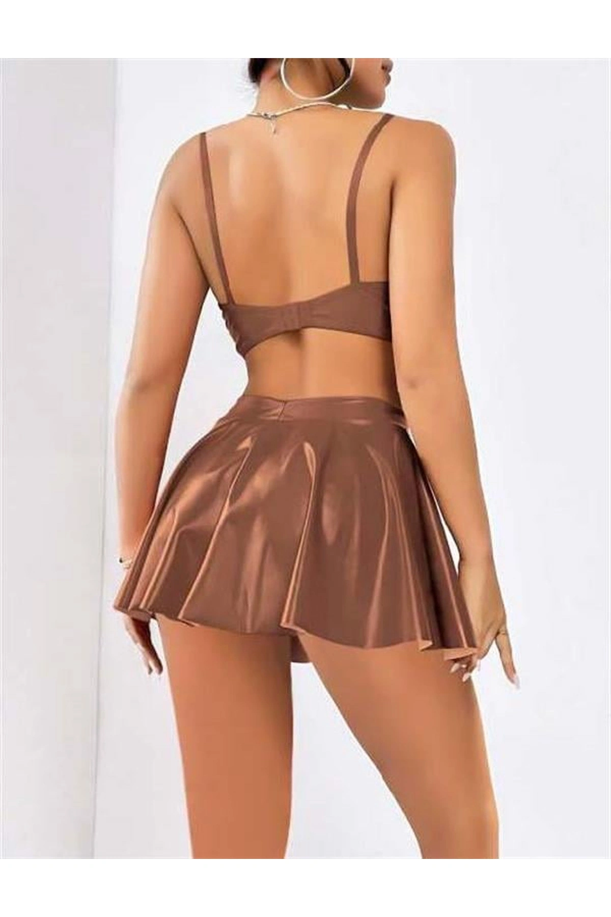 Etekli Fantezi Deri Elbise Kahverengi Renk