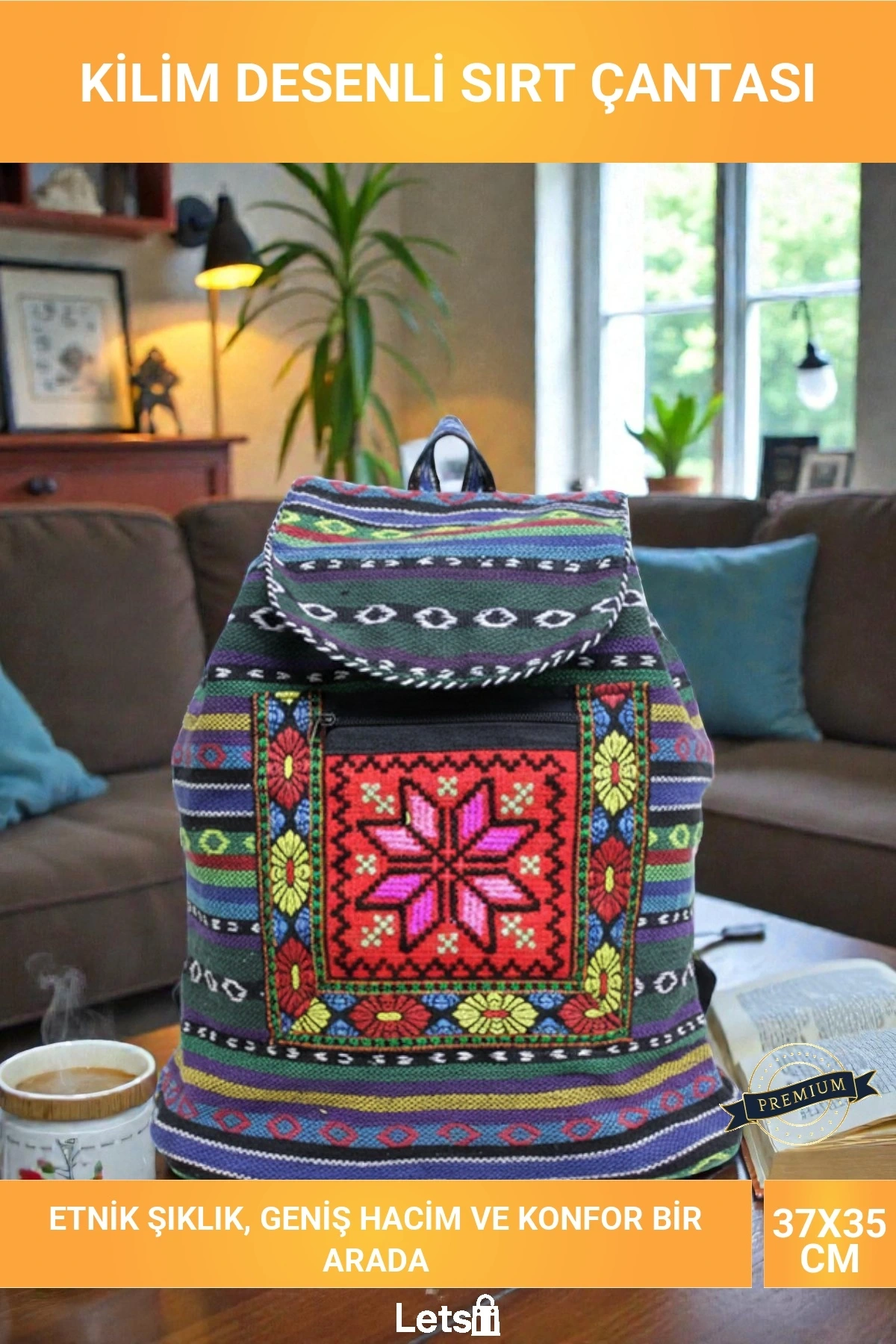 Etnik Kilim Desenli Yumuşak Kumaş Ayarlanabilir Askılı Geniş Hacimli 37x35 cm Günlük Sırt Çantası