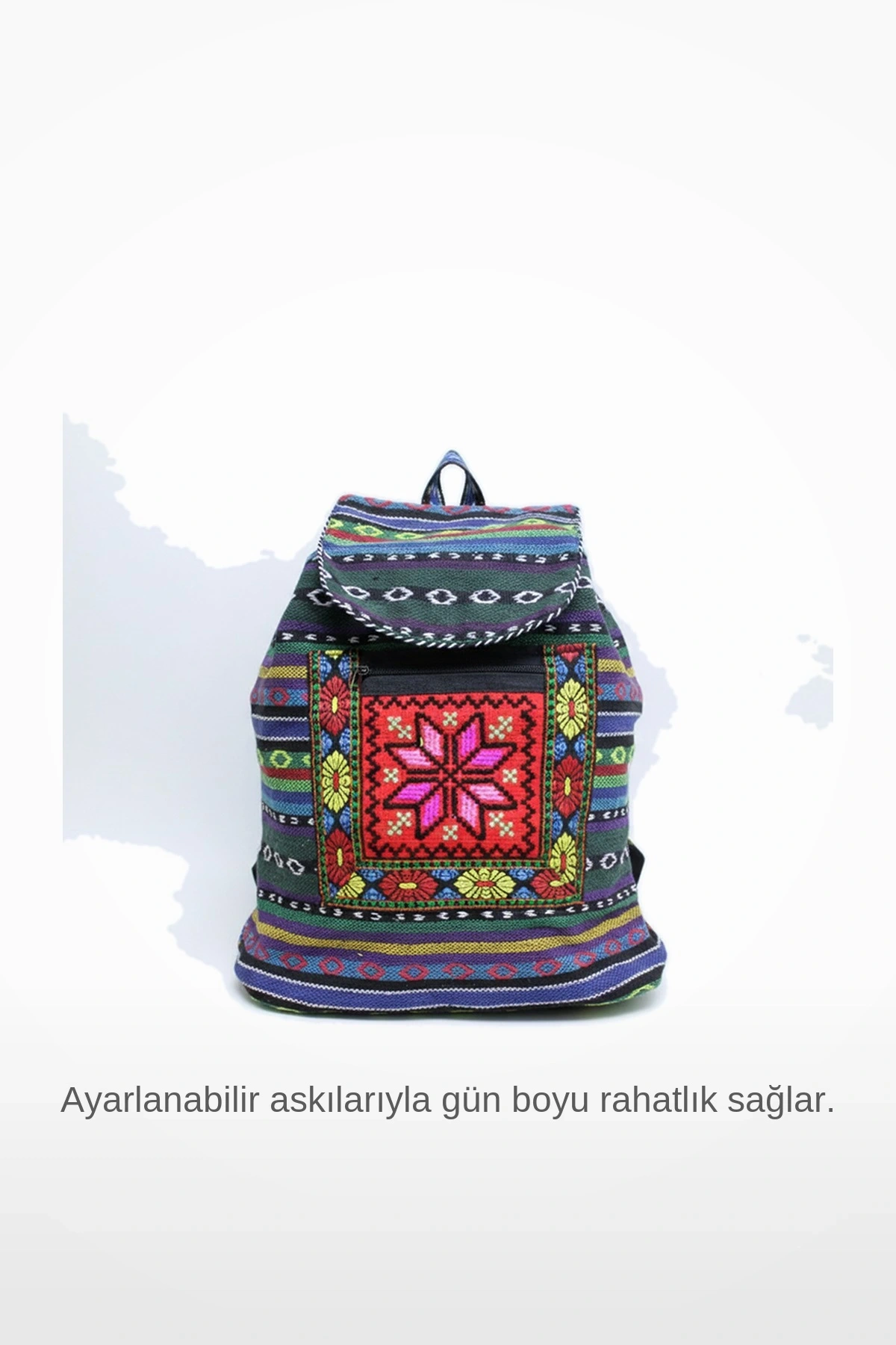 Etnik Kilim Desenli Yumuşak Kumaş Ayarlanabilir Askılı Geniş Hacimli 37x35 cm Günlük Sırt Çantası