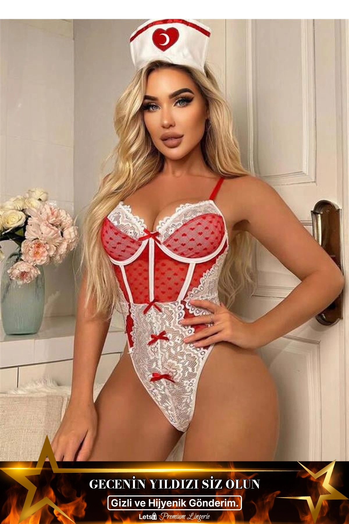 Fantezi Hemşire Kostümü Kırmızı Renk