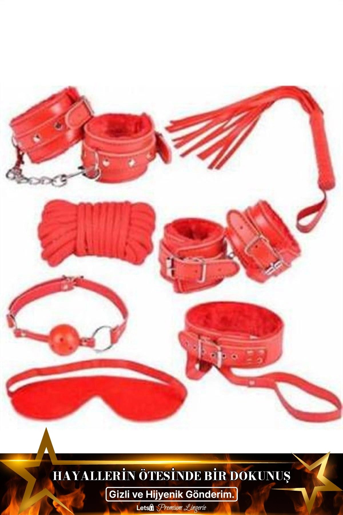 Fantezi Kelepçe Kırbaç Ve Aksesuar Seti Kırmızı Renk