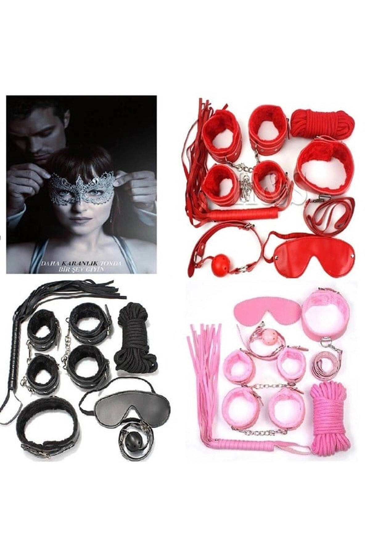 Fantezi Kelepçe Kırbaç Ve Aksesuar Seti Kırmızı Renk