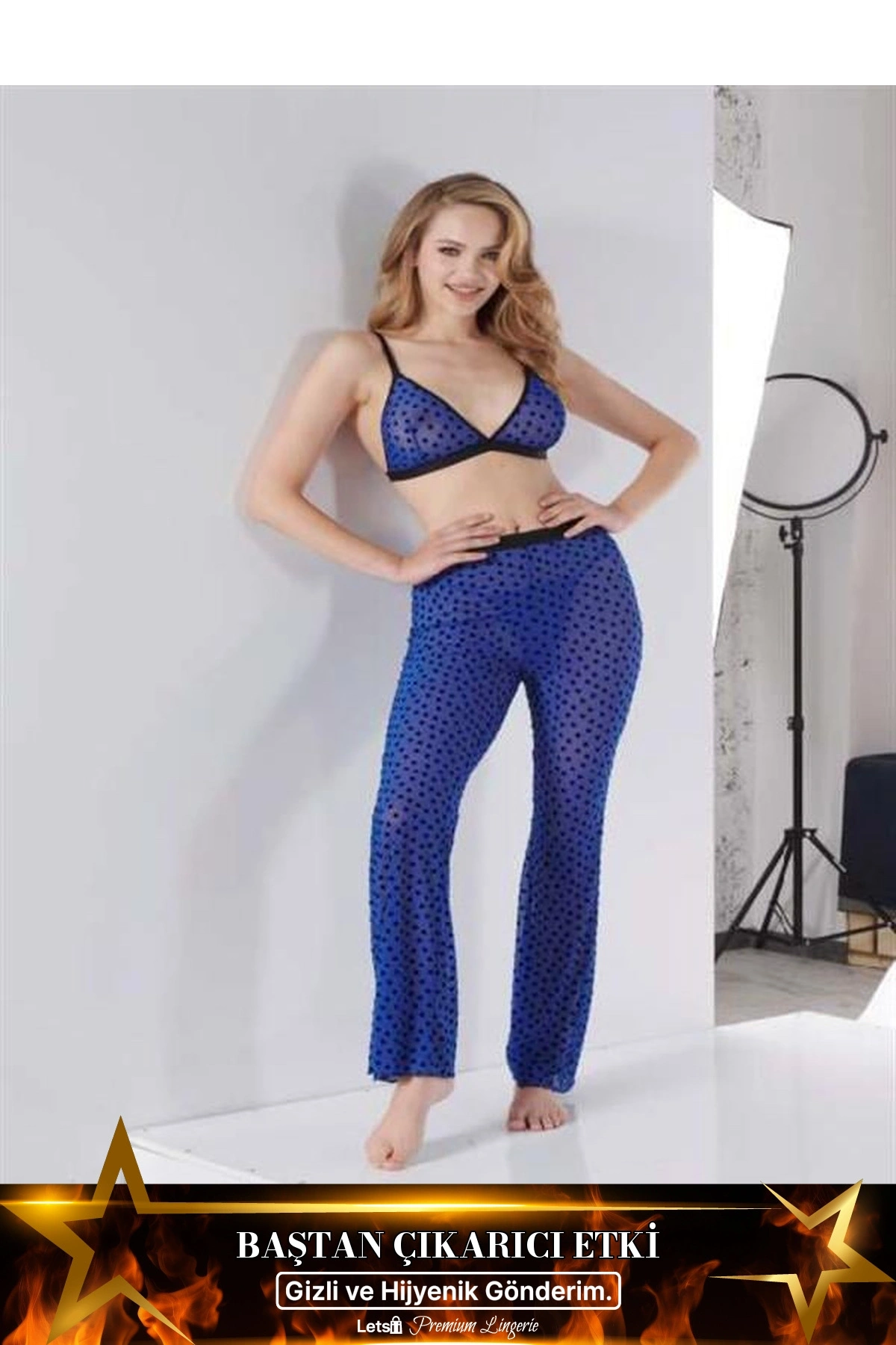 Fantezi Sütyen Ve Pijama Takımı Mavi Renk