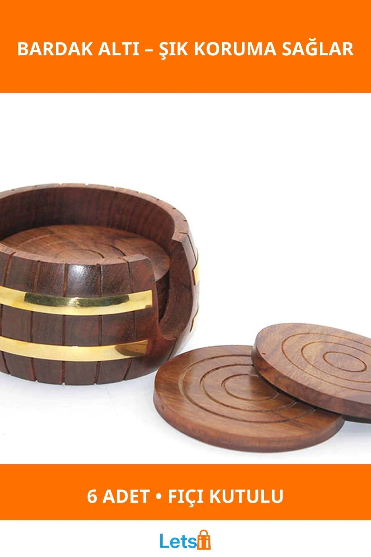 Fıçı Şeklinde Kutulu 6 Adet Pirinç Yuvarlak Ahşap Bardak Altı