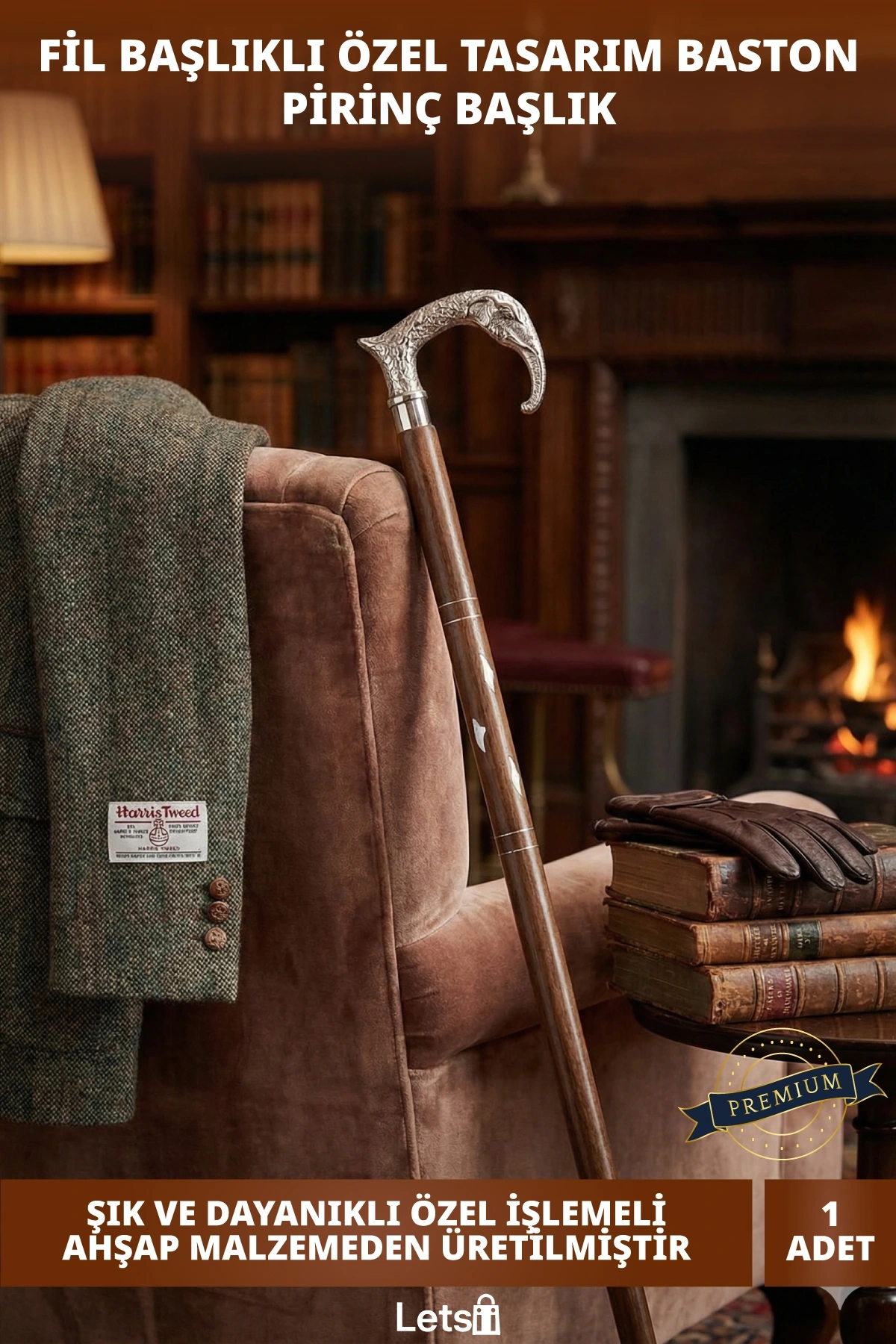 Fil Başlıklı Ahşap Pirinç Baston Şık ve Dayanıklı