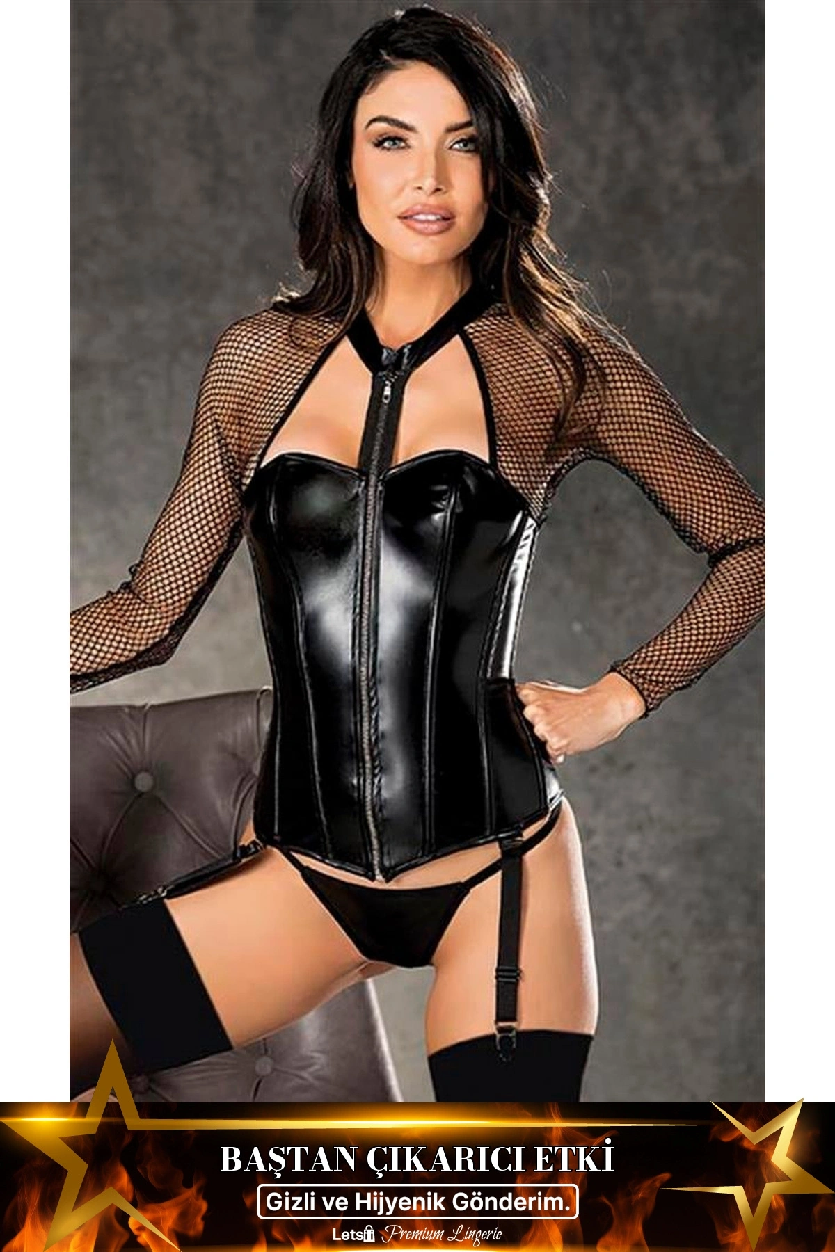 File Detaylı Fermuarlı Büstiyer Fantezi Deri Jartiyer Takımı Siyah Renk