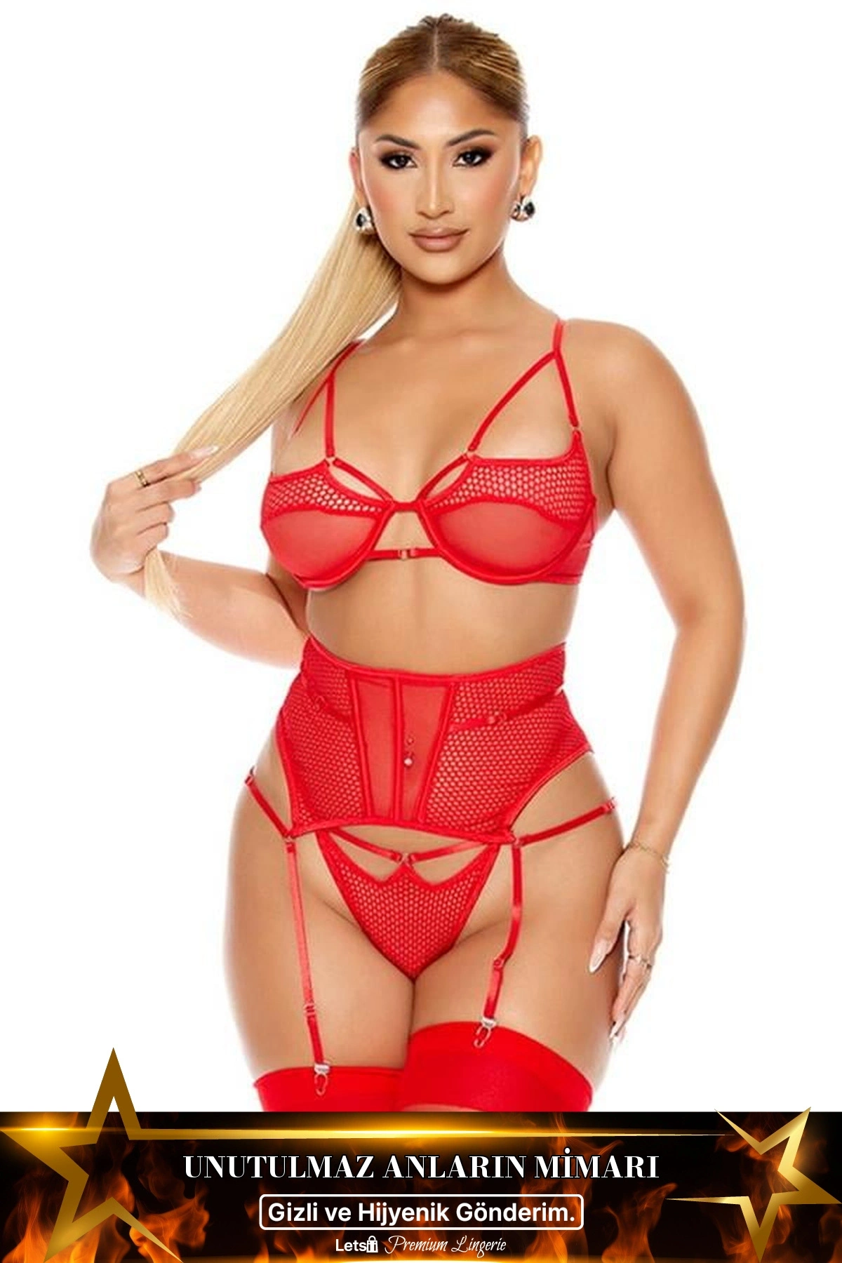 File Tül Detaylı Fantezi Jartiyer Takımı Kırmızı Renk