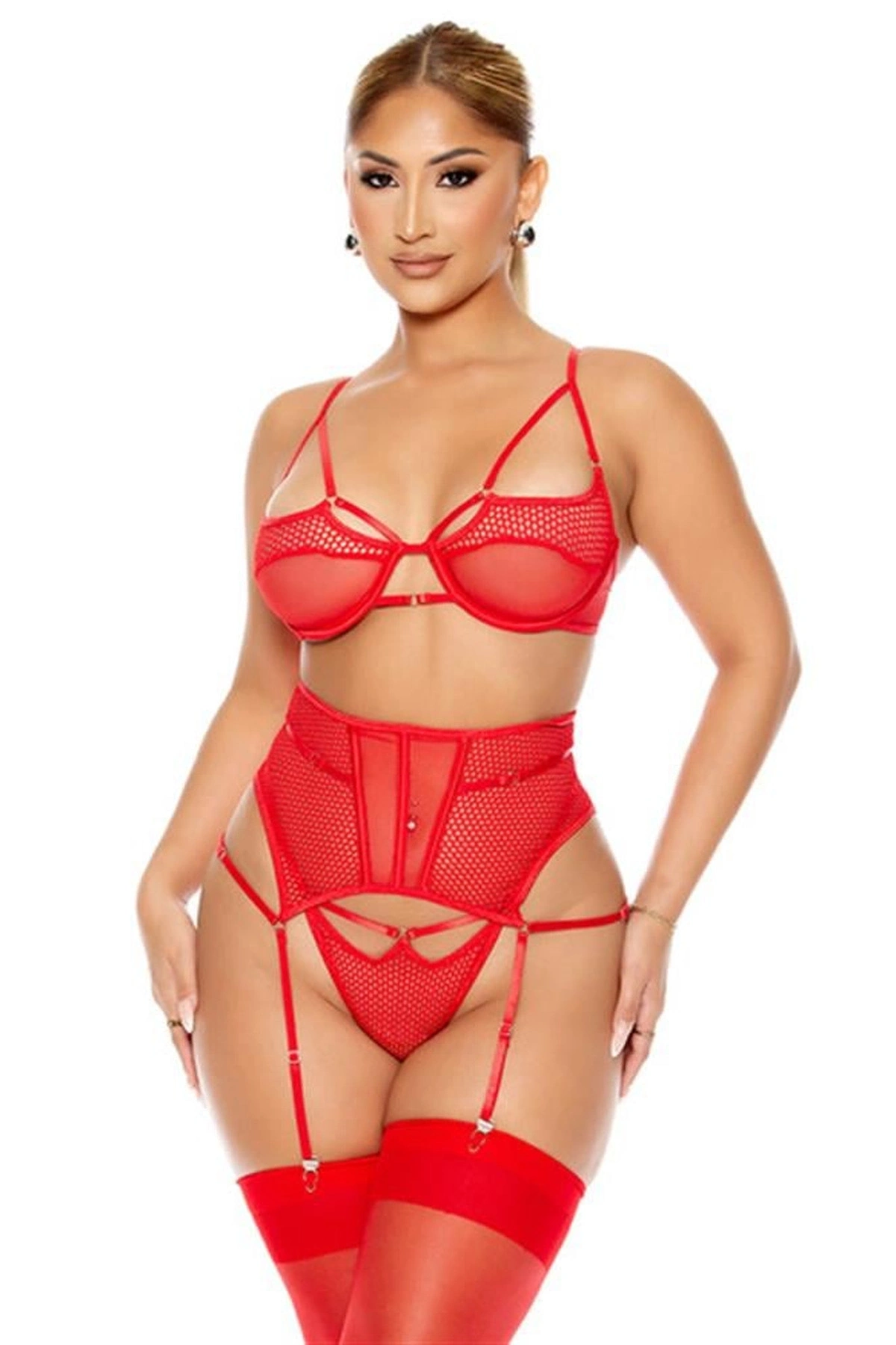 File Tül Detaylı Fantezi Jartiyer Takımı Kırmızı Renk