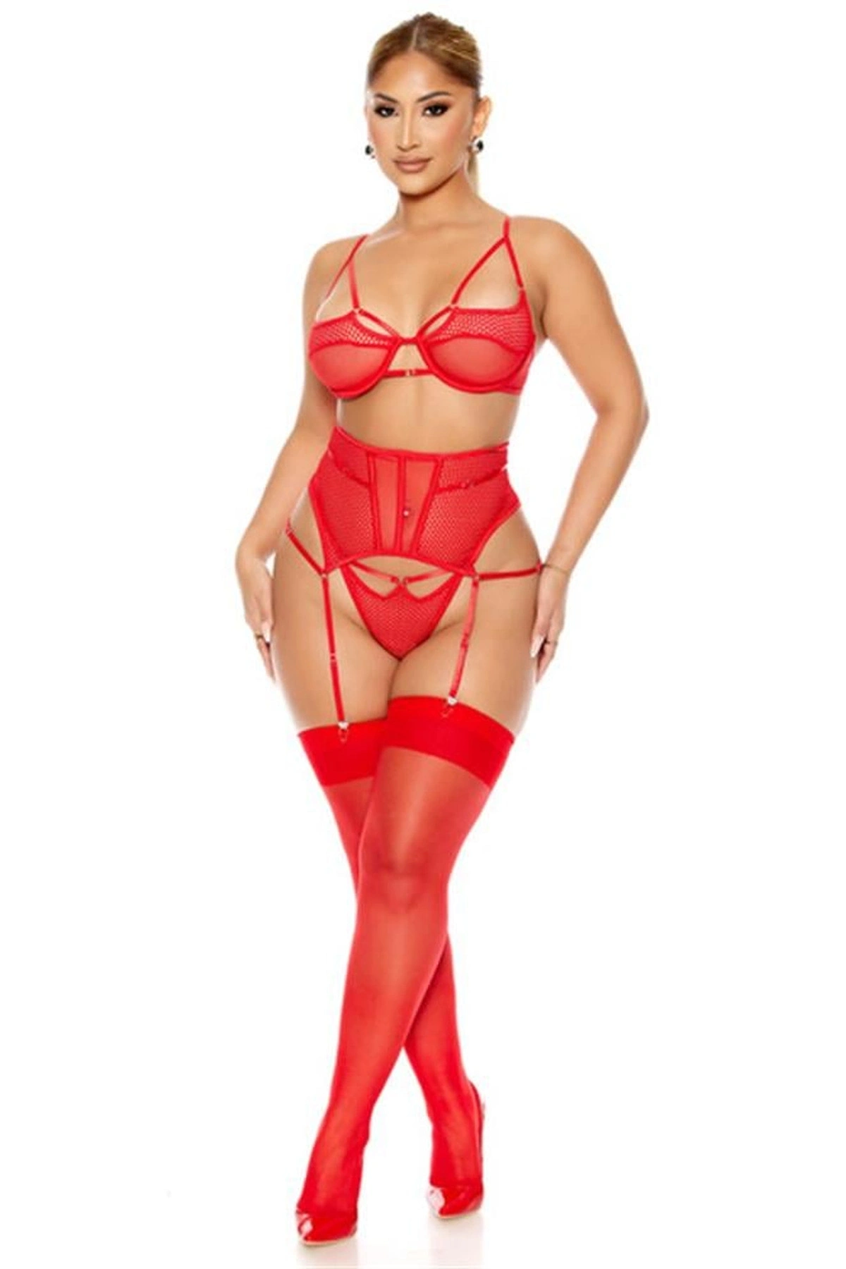 File Tül Detaylı Fantezi Jartiyer Takımı Kırmızı Renk