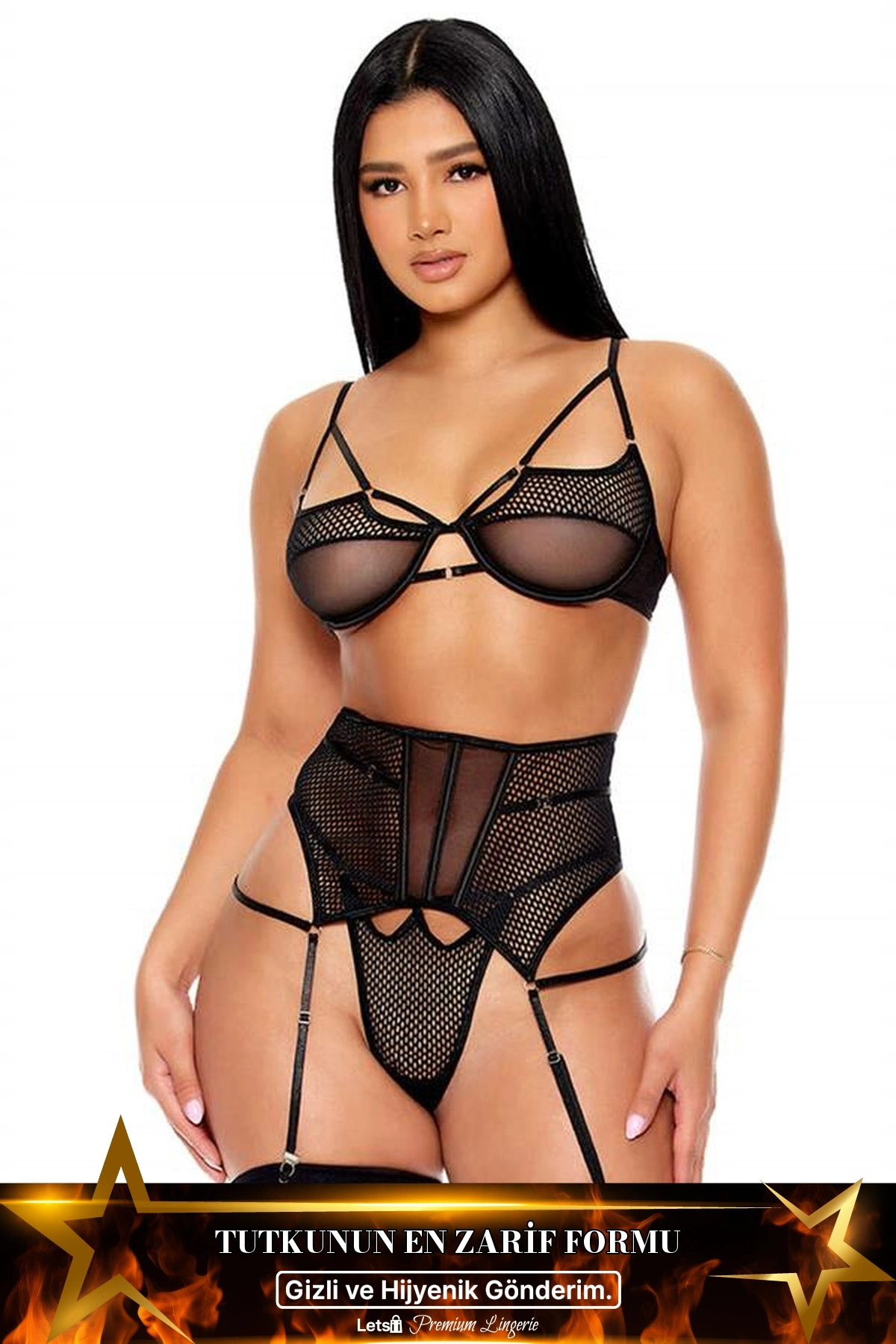 File Tül Detaylı Fantezi Jartiyer Takımı Siyah Renk