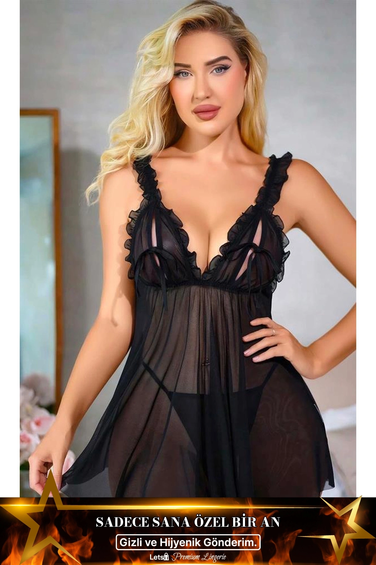 Fırfırlı Göğüs Dekolteli Fantezi Tül Gecelik Siyah Renk