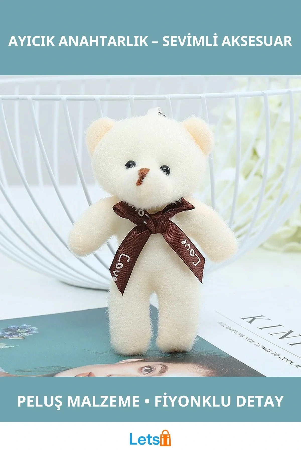 Fiyonklu Krem Renk Peluş Ayıcık Anahtarlık