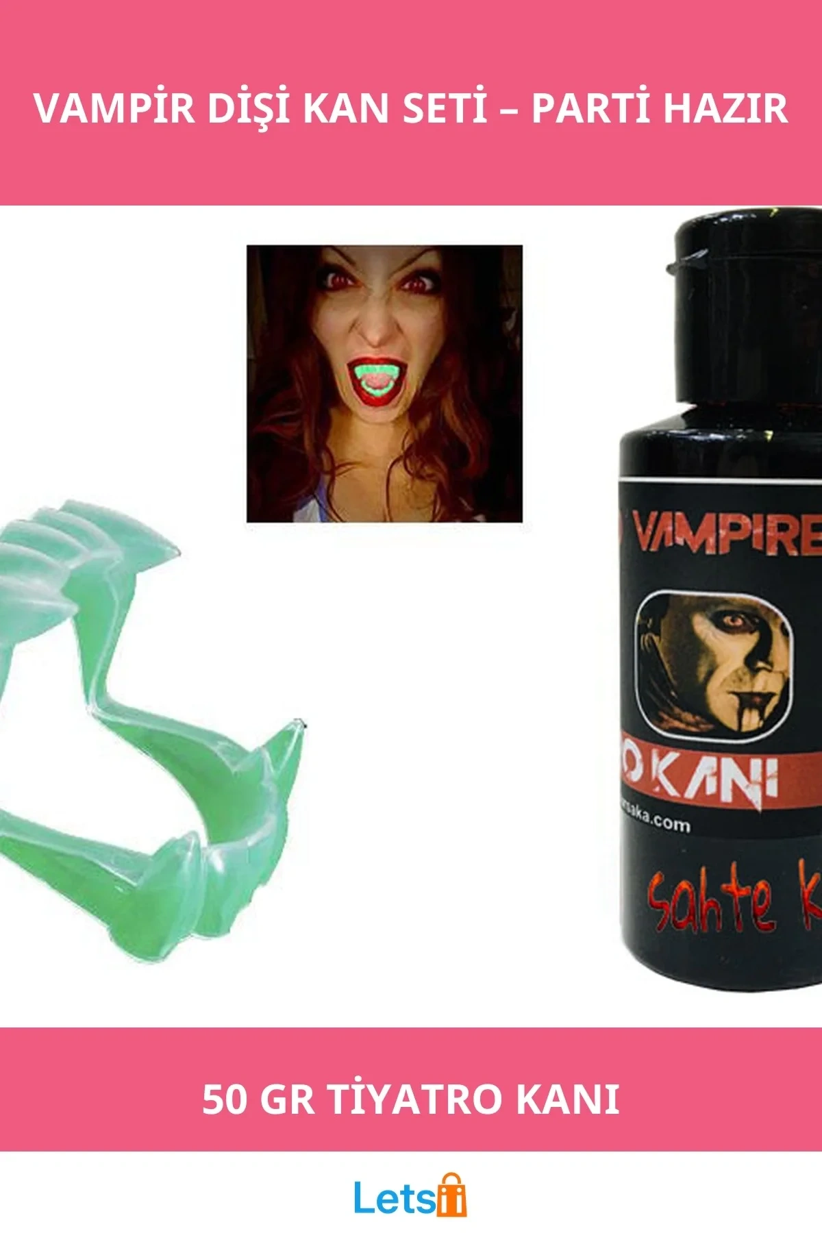 Fosforlu Çift Damak Takma Vampir Dişi ve 50 gr Tiyatro Kanı