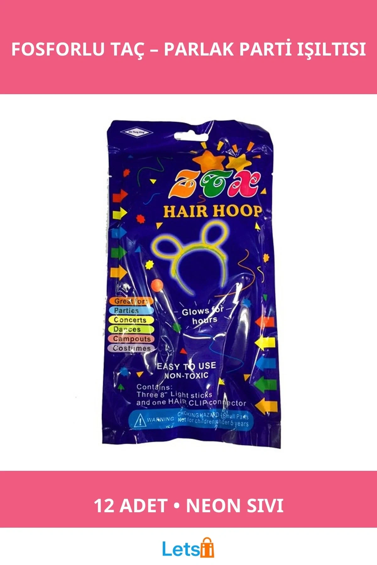 Fosforlu Neon Taç Pembe Renk 12 Adet Parti Aksesuarı