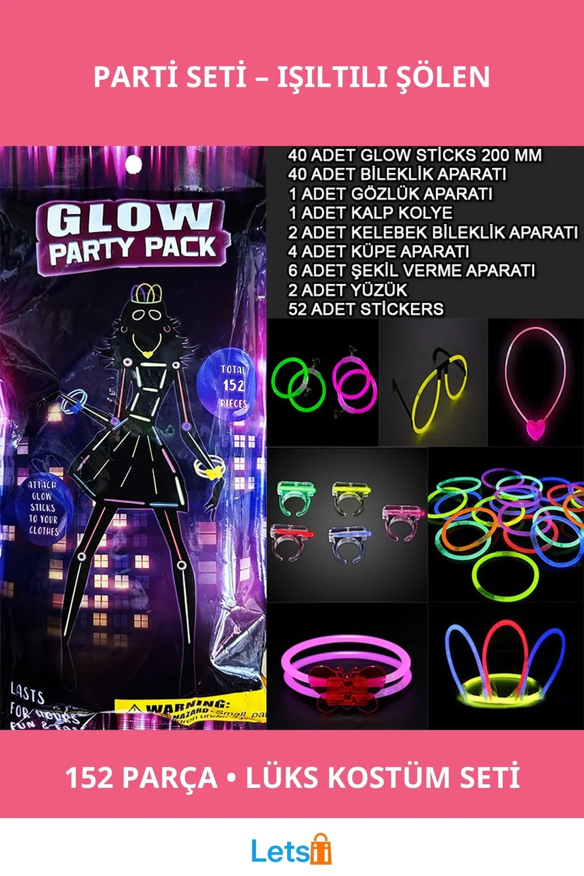 Fosforlu Parti Kostüm Seti 152 Parça Eğlenceli Işık Gökkuşağı Çubukları ve Aksesuarlar