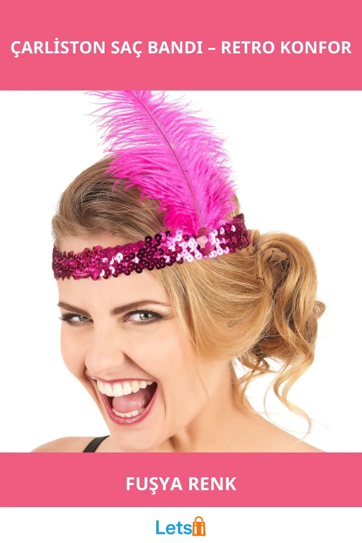 Fuşya Renk Çarliston Vintage Saç Bandı