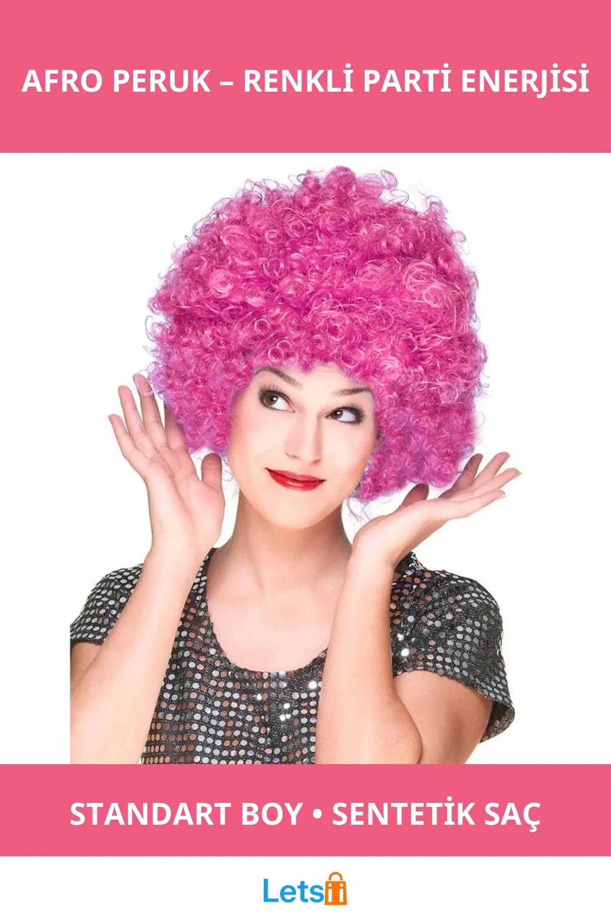 Fuşya Renk Kıvırcık Afro Parti Peruk