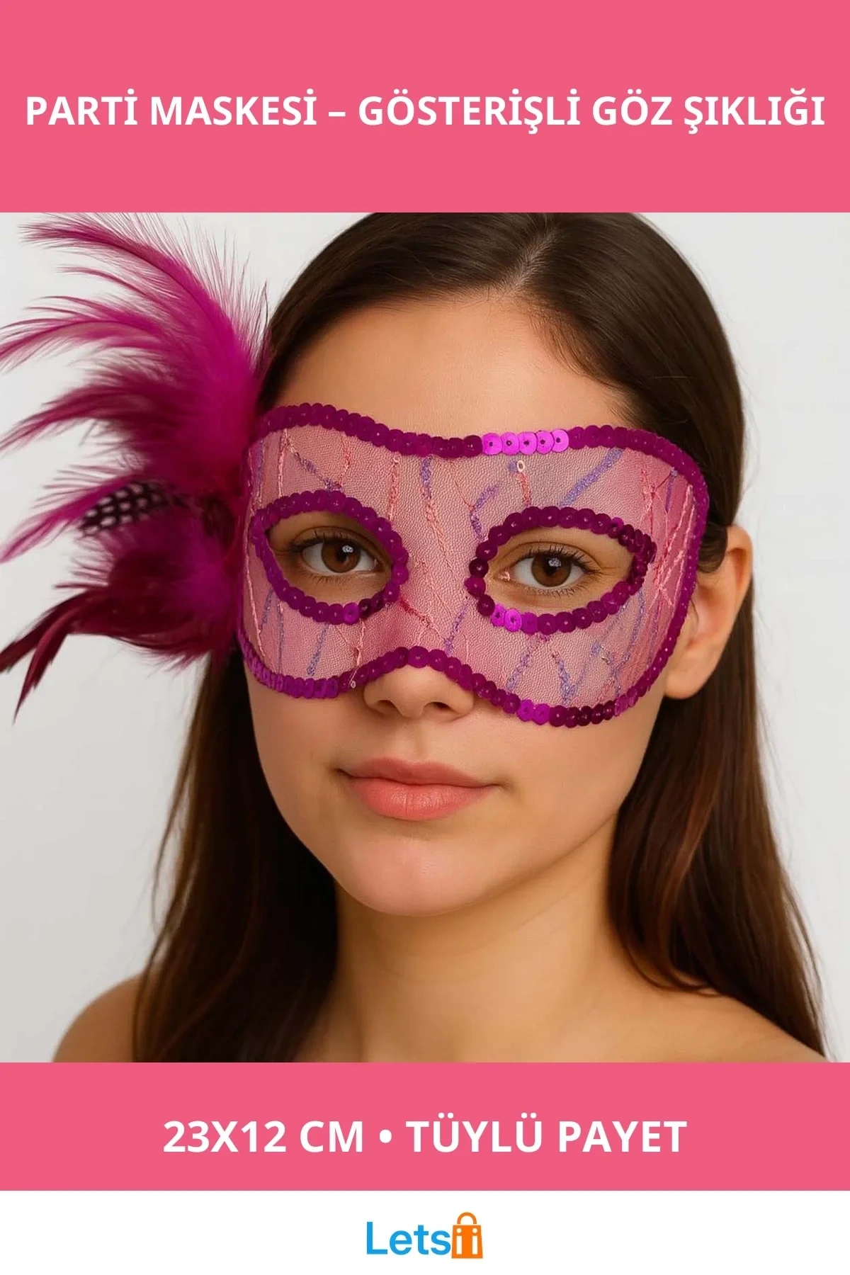 Fuşya Renk Yandan Tüylü Pul Payet İşlemeli Parti Maskesi 23x12 cm