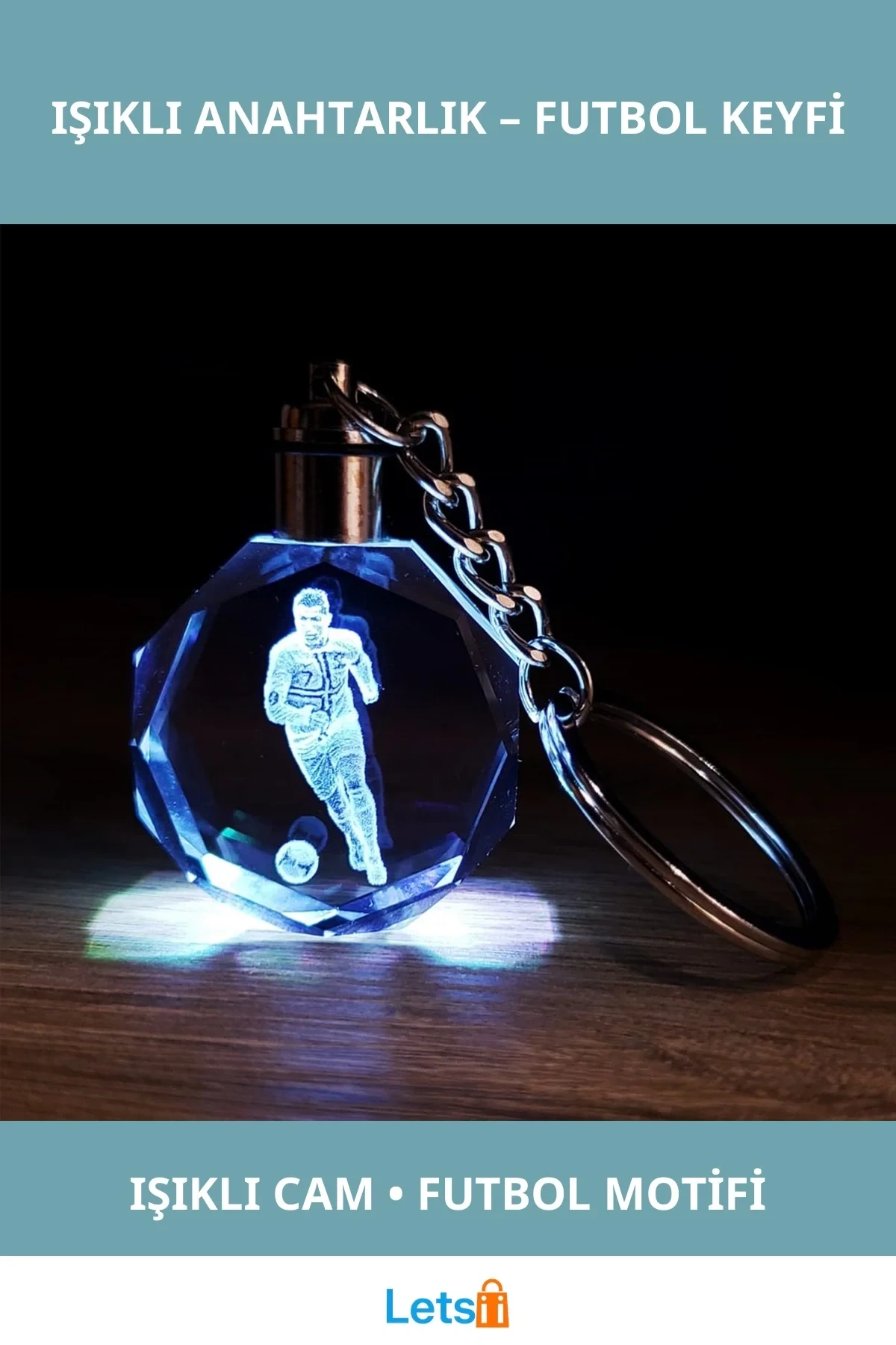 Futbolcu Tasarımlı Işıklı Kristal Cam Anahtarlık 10 cm