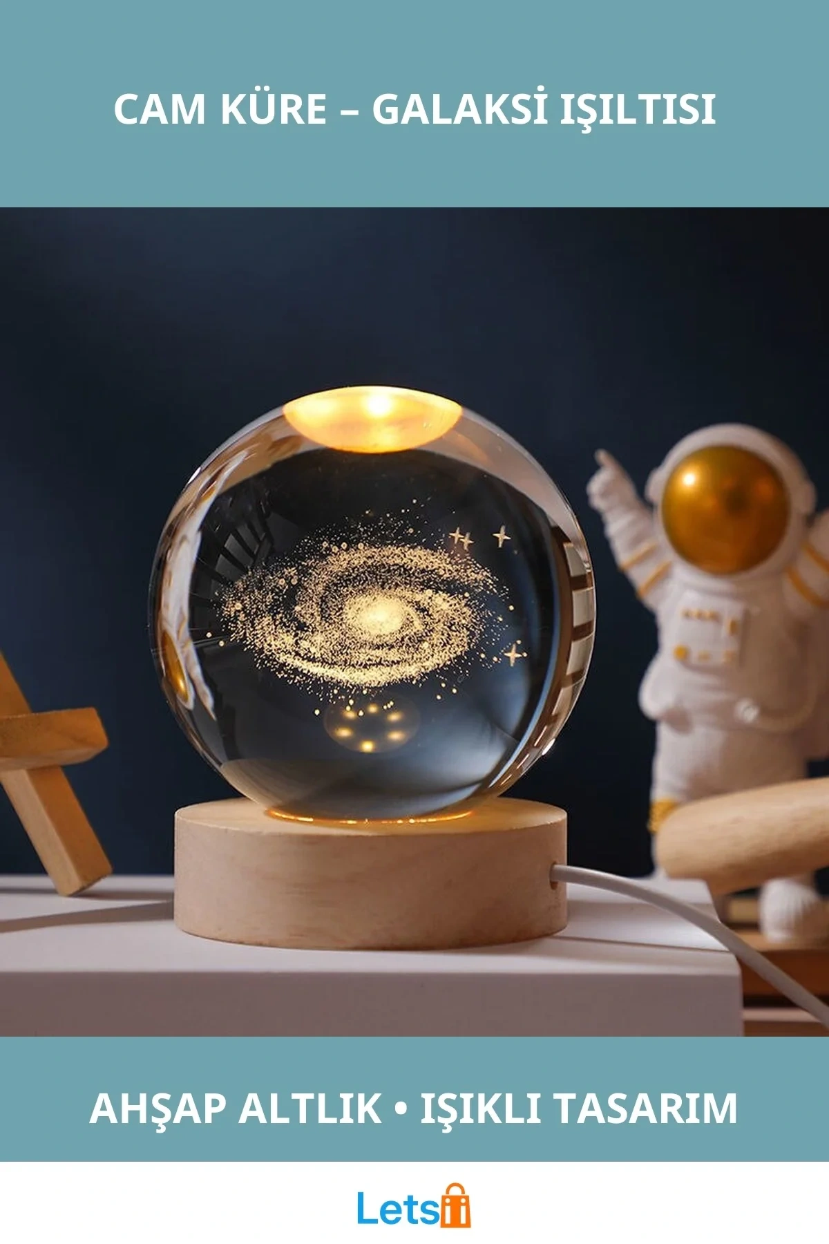 Galaksi Tasarımlı Işıklı Cam Küre Ahşap Altlık 6 cm