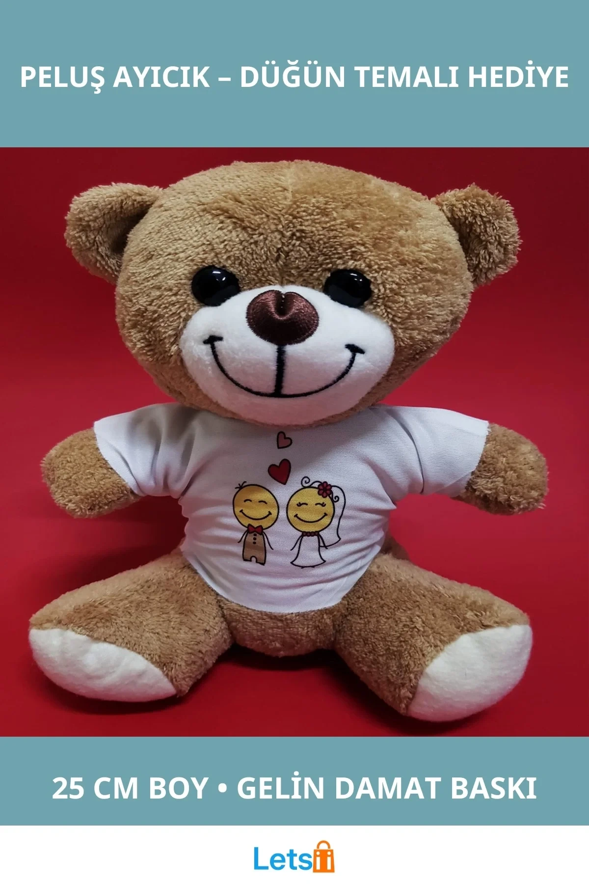Gelin Damat Tasarım Tişörtlü Sevimli Peluş Ayıcık 25 cm