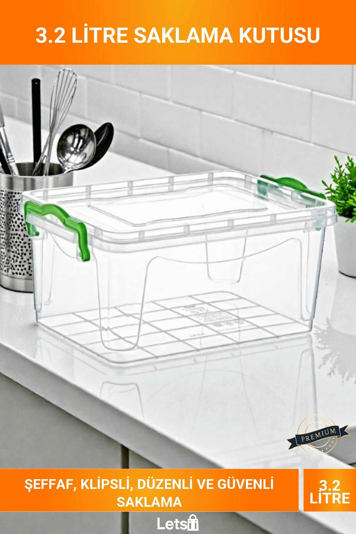 Geniş Hacimli Şeffaf Yeşil Klipsli 3.2 Litre BPA İçermez Hava Almaz Depolama Kutusu