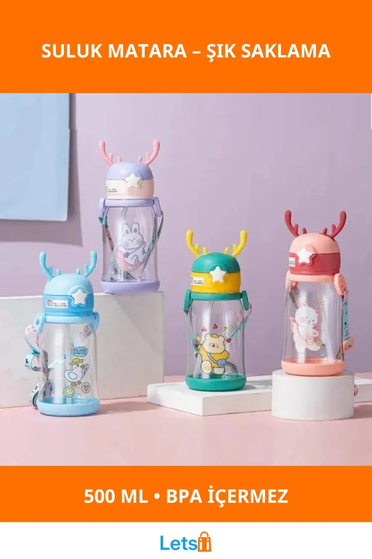 Geyik Tasarımlı BPA İçermeyen 500 ML Su Geçirmez Matara