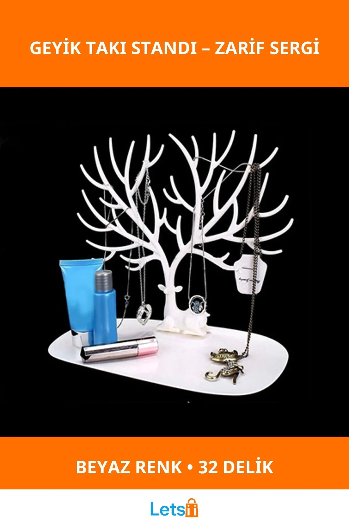 Geyik Tasarımlı Dekoratif Takı Standı Beyaz Yüzük, Kolye ve Küpe Organizeri