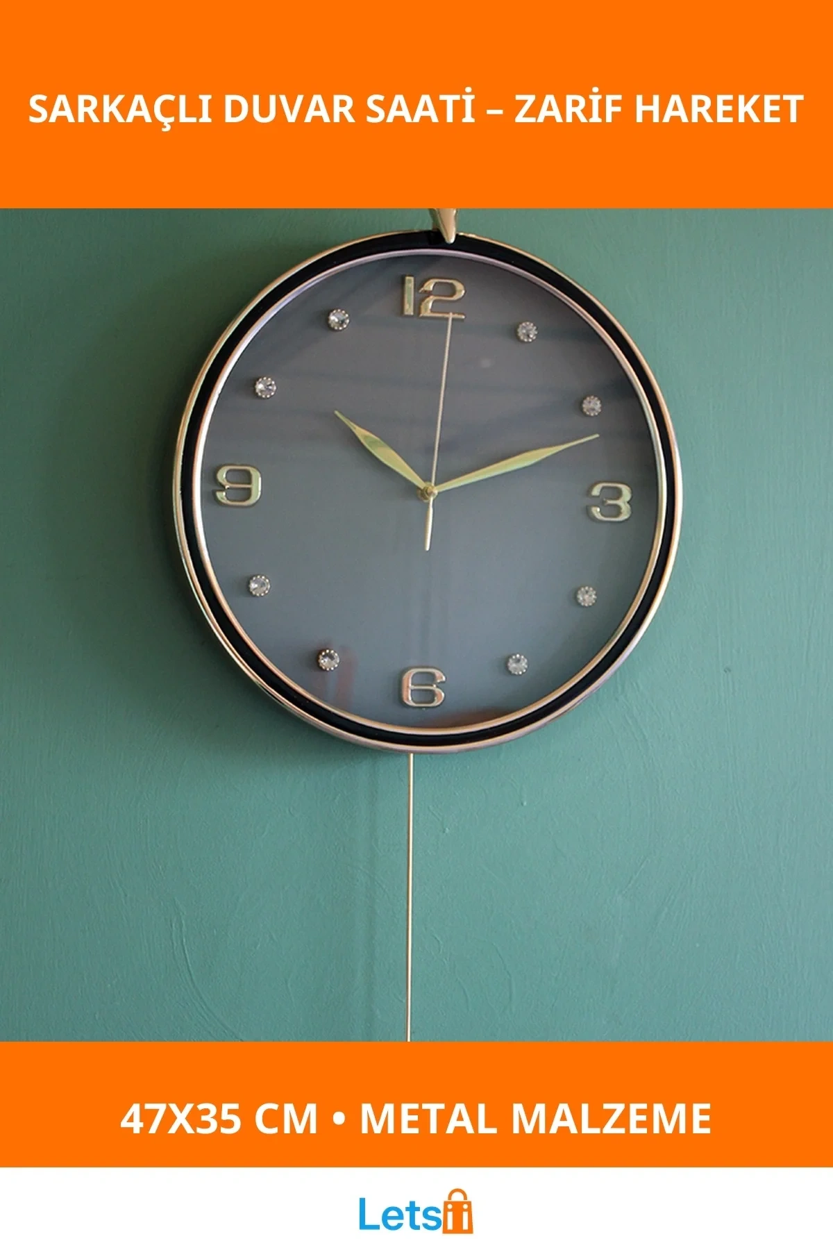 Geyikli Sarkaçlı Metal Duvar Saati 47x35 cm