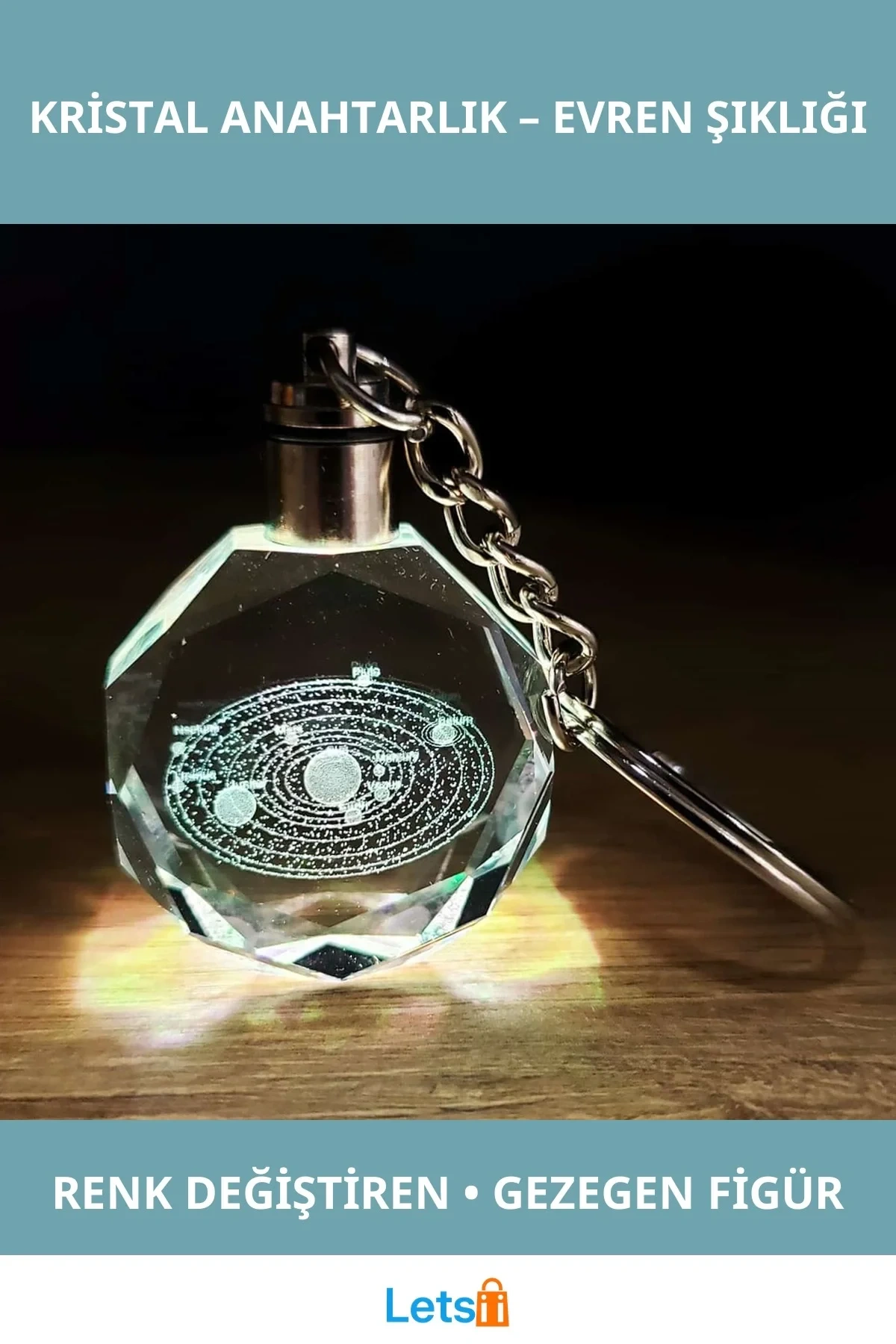 Gezegenler Temalı Renk Değiştiren Işıklı Kristal Anahtarlık 10cm
