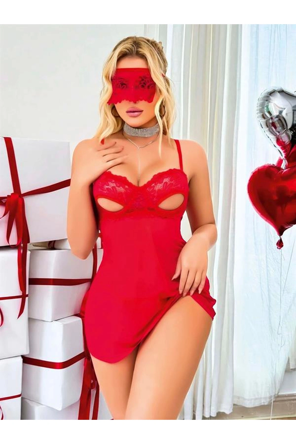 Göğüs Dekolteli Göz Bantlı Fantezi String Tül Gecelik Takımı Kırmızı Renk