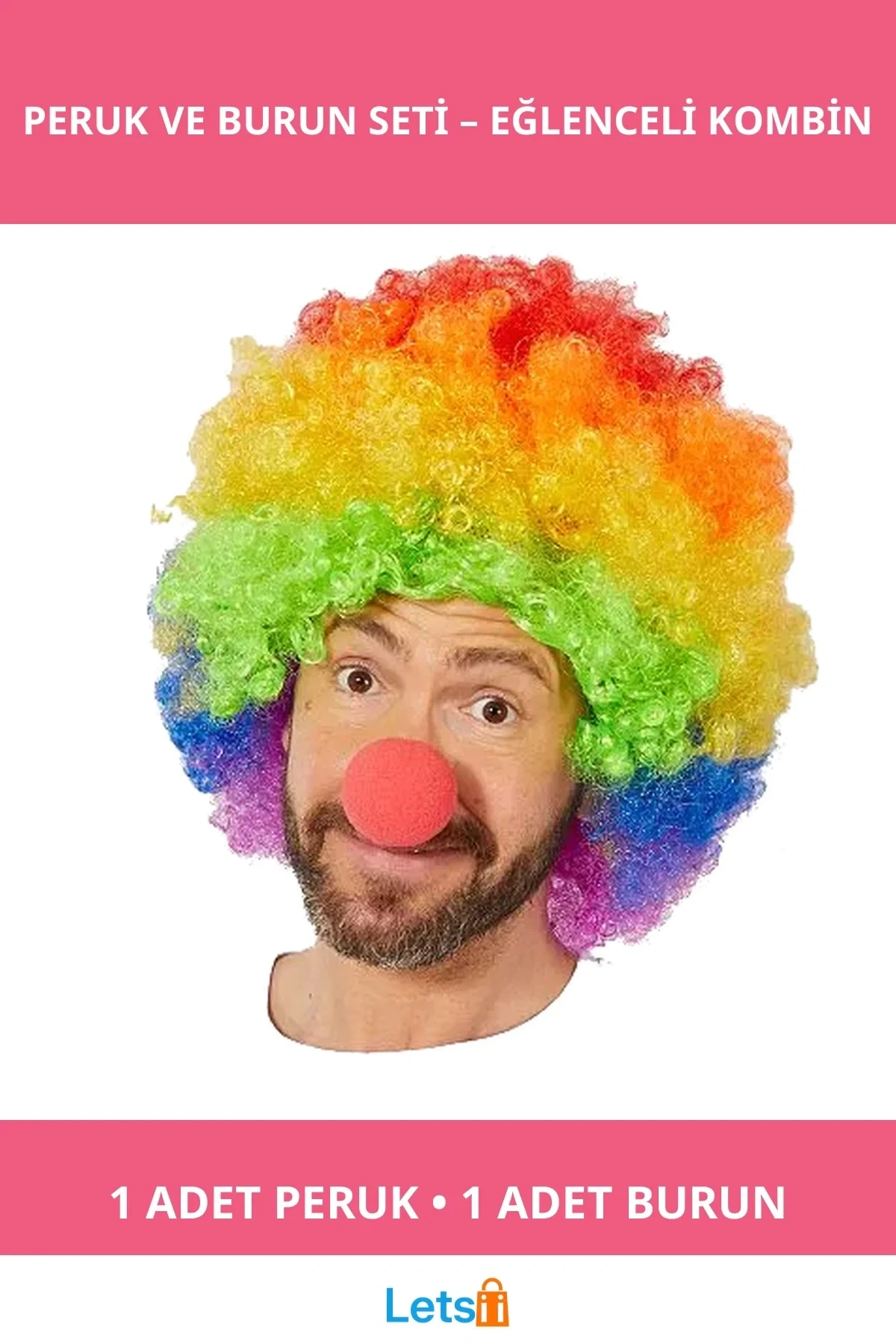 Gökkuşağı Desenli Afro Peruk ve Kırmızı Sünger Burun Seti