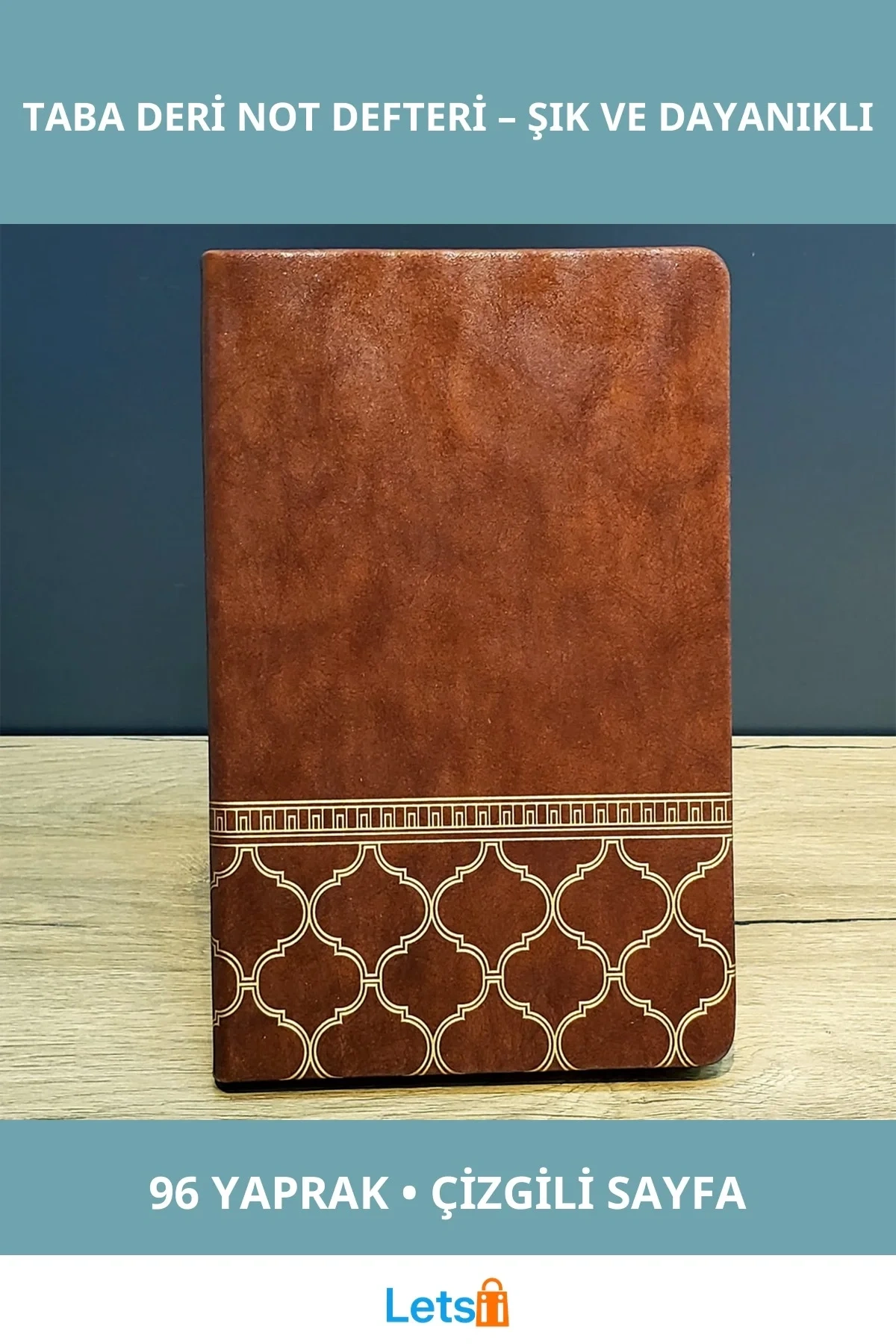Gold İşlemeli Taba Rengi Deri Not Defteri 192 Sayfa