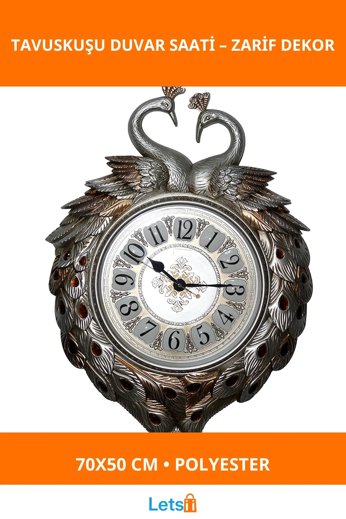 Görkemli Tavuskuşu Desenli Polyester Duvar Saati 70x50 cm