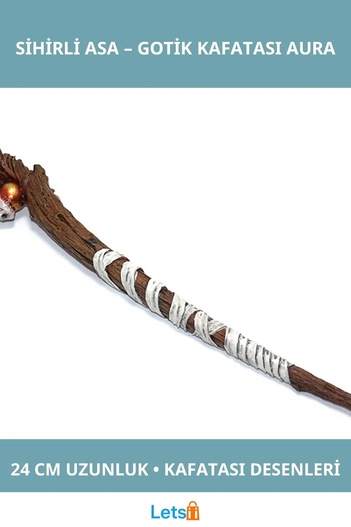 Gotik Polyester Sihirli Asa 24 cm Kafatası Detaylı Büyü Aksesuarı