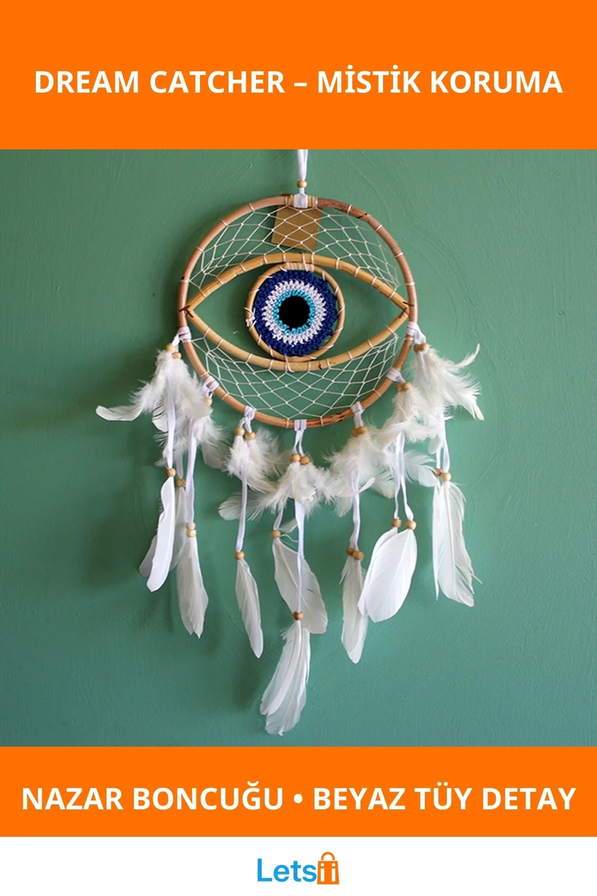 Göz Tasarımlı Nazardan Koruyan Beyaz Tüylerle Süslü Rüya Kapanı