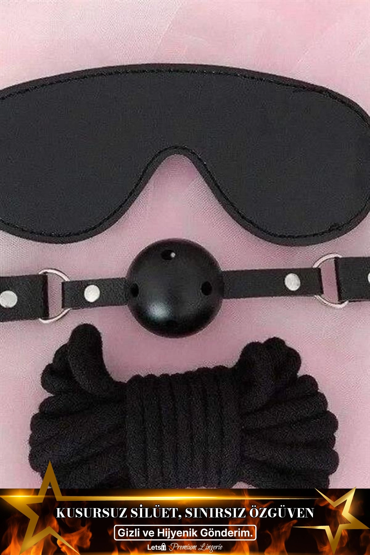 Gözlük Ağız Topu İp Üçlü Deri Harness Seti Siyah Renk