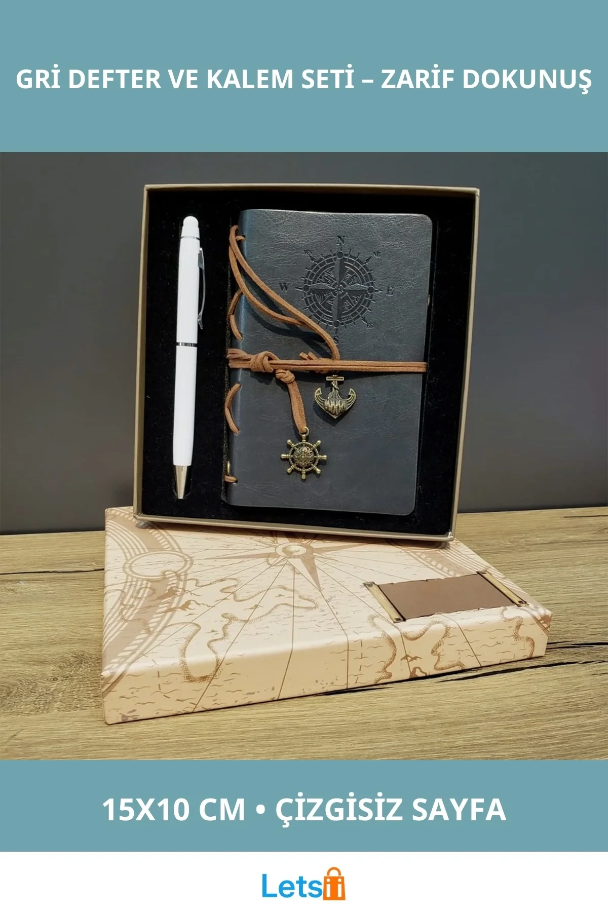 Gri Deri Defter Beyaz Kalem Seti Mobil Uyumlu