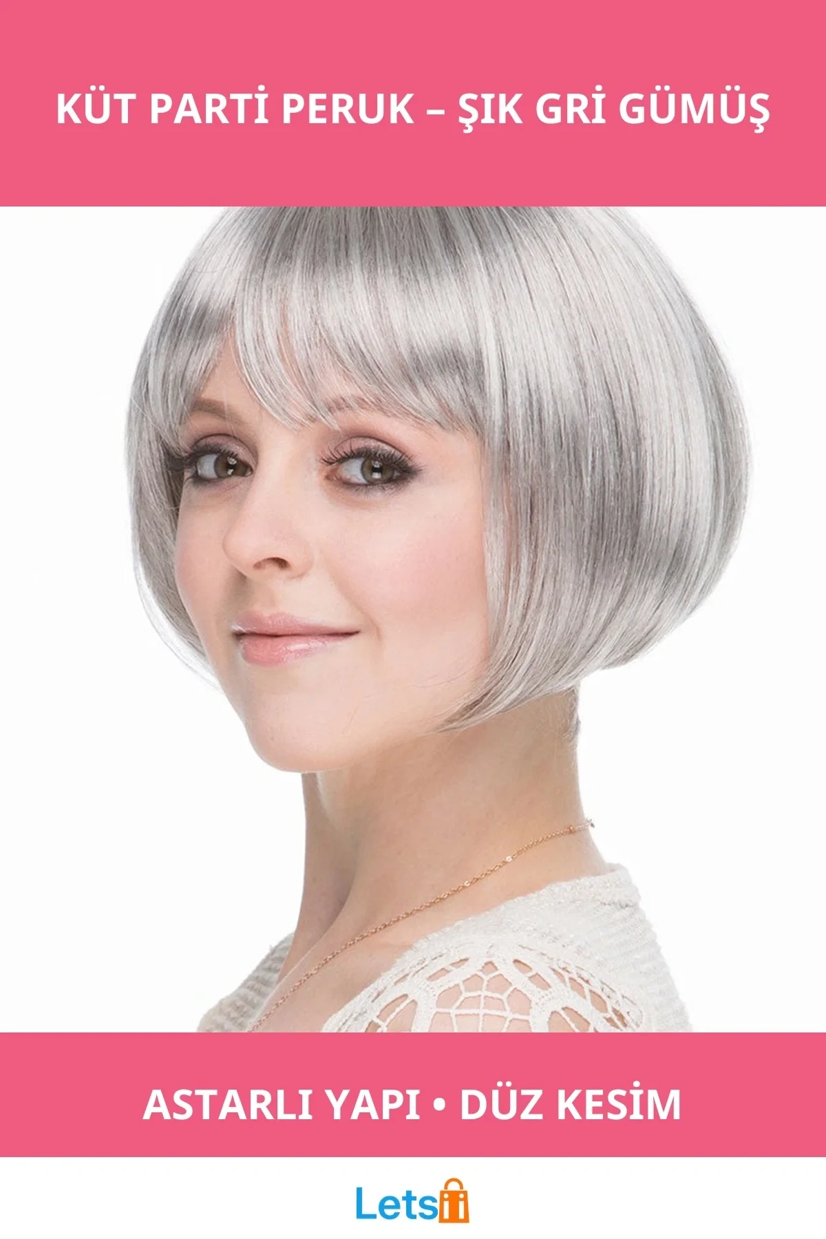 Gri Gümüş Renk Düz Kesim Astarlı Küt Parti Peruğu