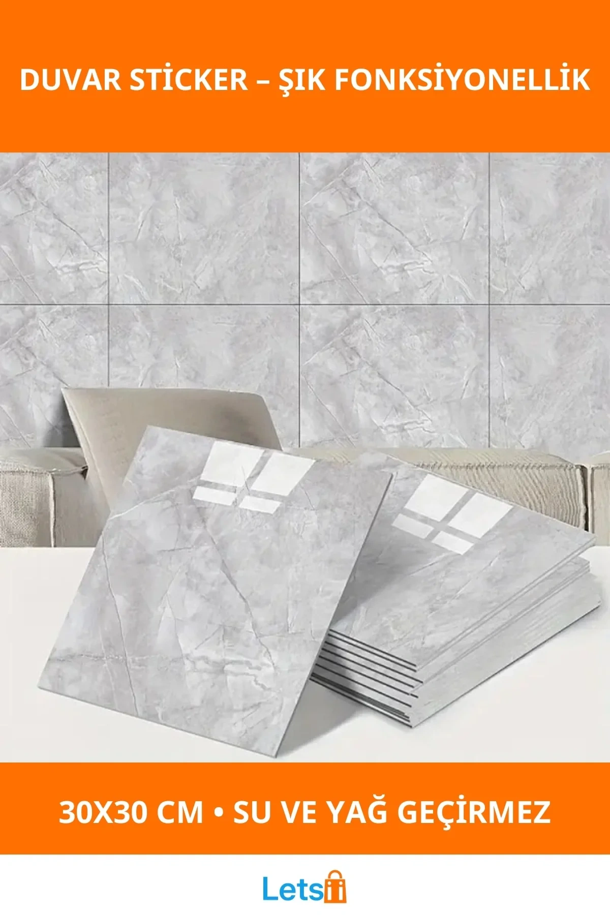 Gri Mermer Desen Su Geçirmez Kendinden Yapışkanlı Duvar Sticker 30x30 cm