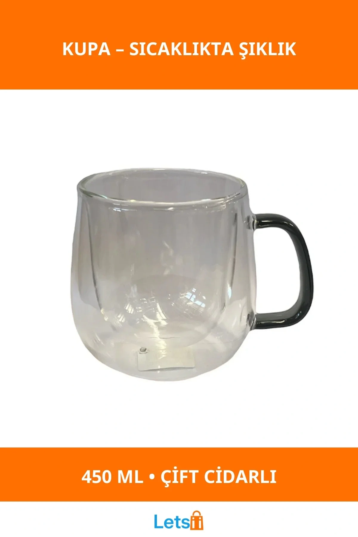 Gri Renk Çift Cidarlı Isı Tutucu Cam Kupa 450 ml