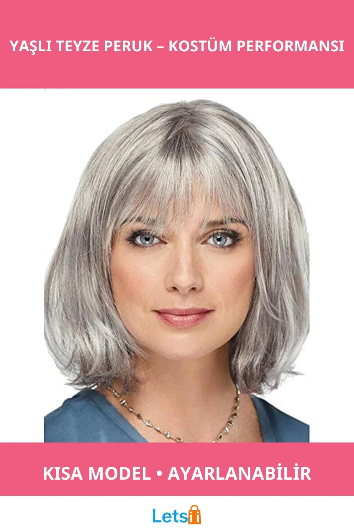 Gri Renk Kısa Saç Yaşlı Teyze Peruğu