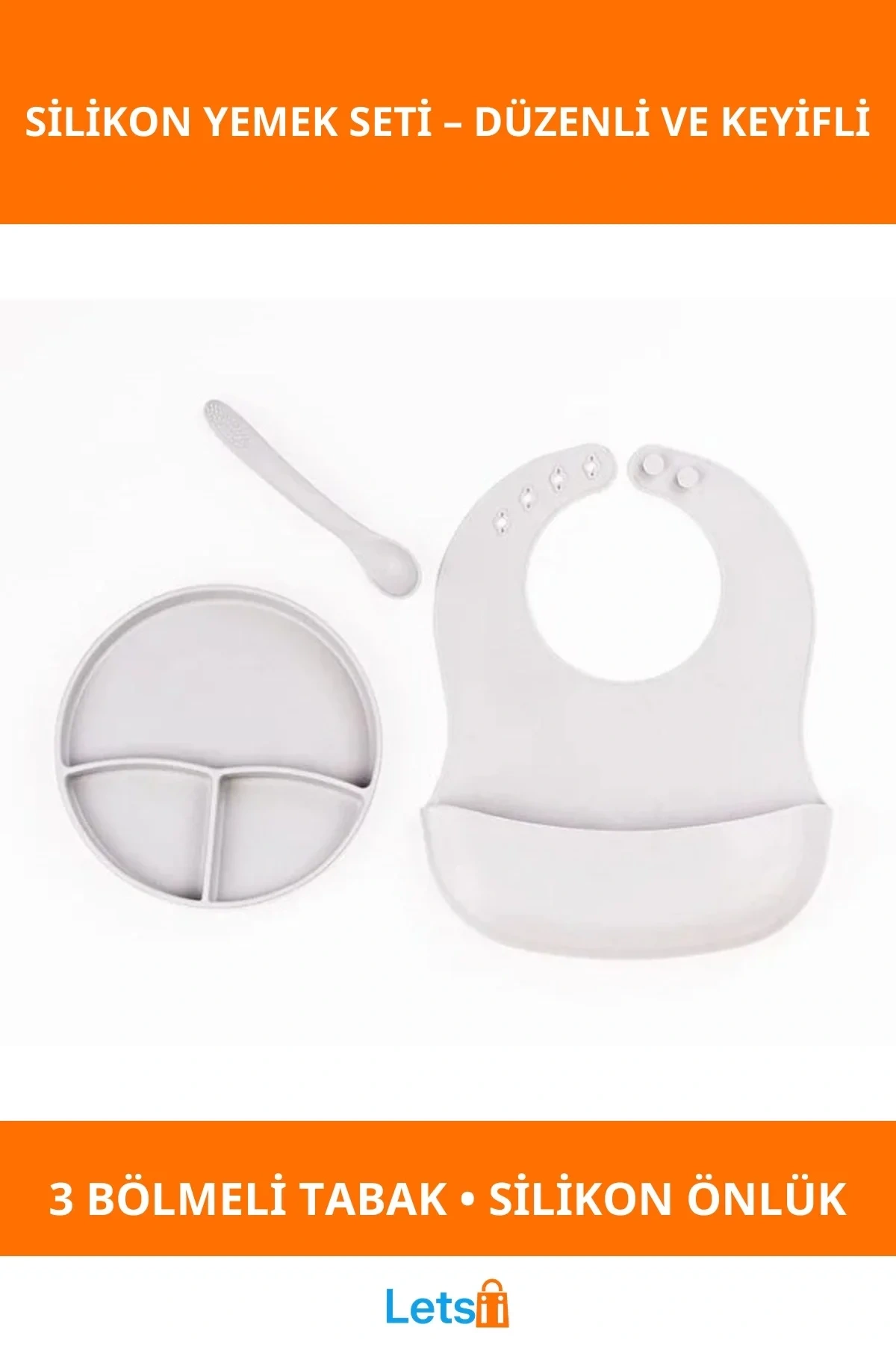 Gri Silikon Vakumlu Tabaklı Diş Kaşıyıcılı Kaşık ve Ayarlanabilir Mama Önlüğü Seti