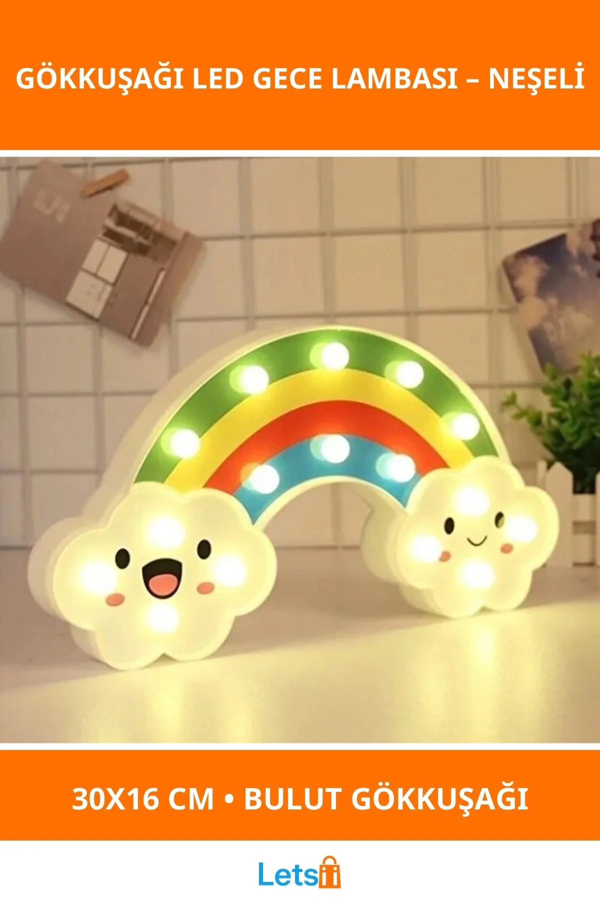 Gülen Bulutlu Gökkuşağı LED Gece Lambası 30x16 cm